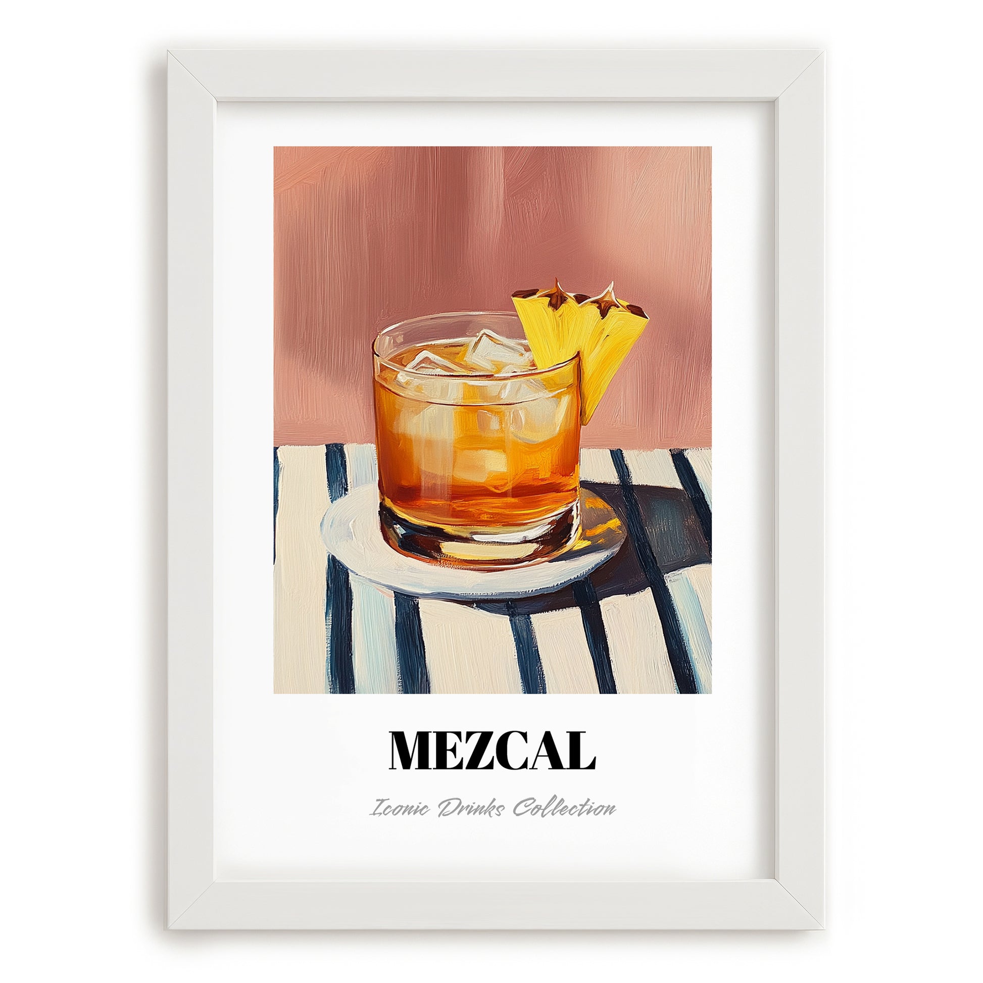Mezcal – on Striped Tablecloth, Mexican Spirit Wall Poster, placed in minimal white frame