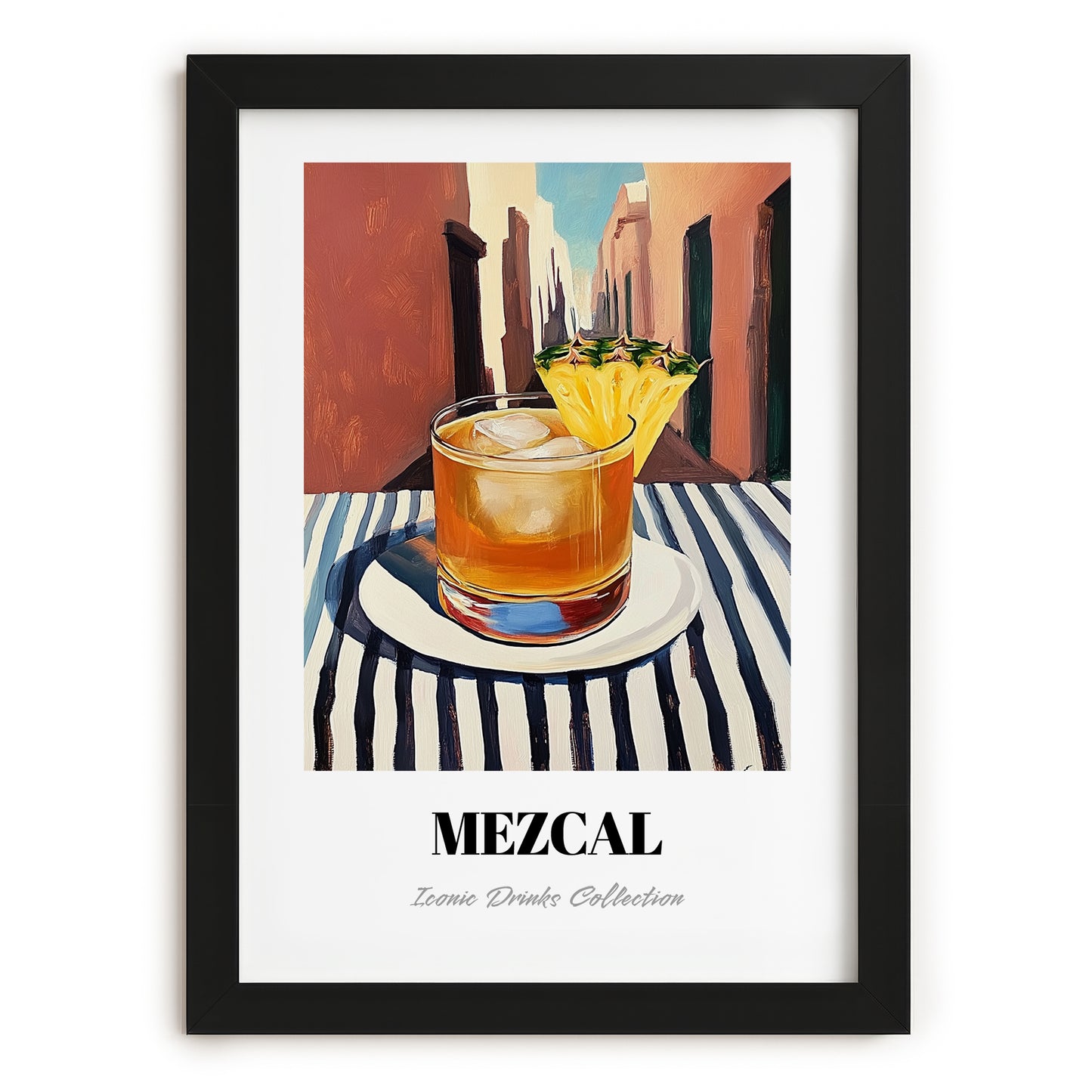 Mezcal – Mexican Café on the Corner, Mexican Cocktail Illustration, in sleek black frame