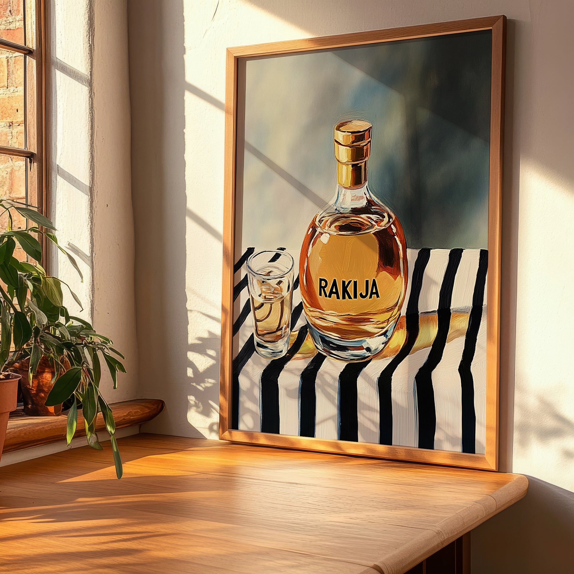 Rakija – on Striped Tablecloth, Serbian Spirit Wall Poster, clean layout with no caption