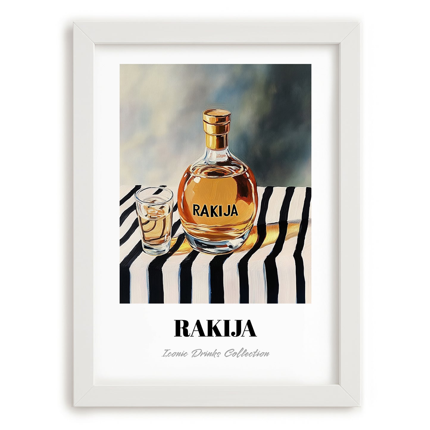 Rakija – on Striped Tablecloth, Serbian Spirit Wall Poster, placed in minimal white frame