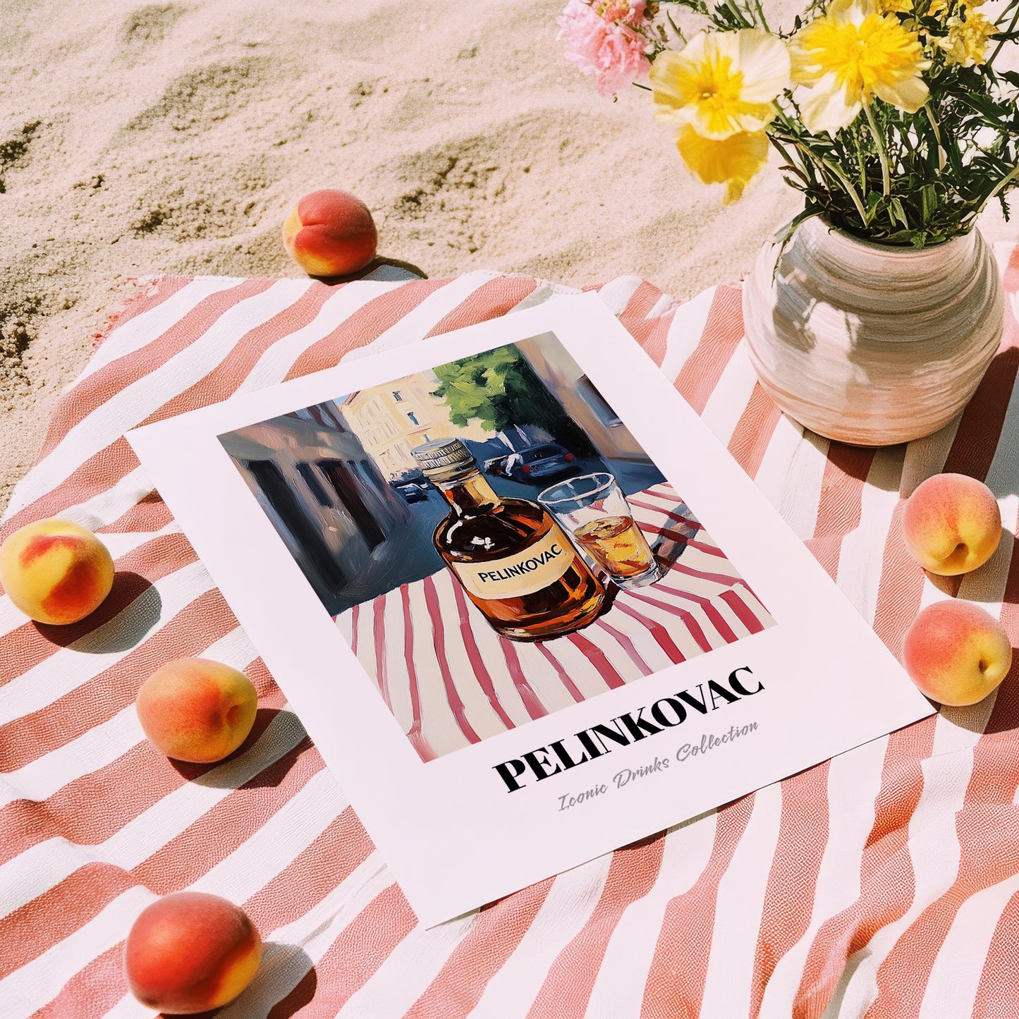 Pelinkovac – Croatian Urban Café Scene, Croatian Spirit Still Life, unframed on coastal sand
