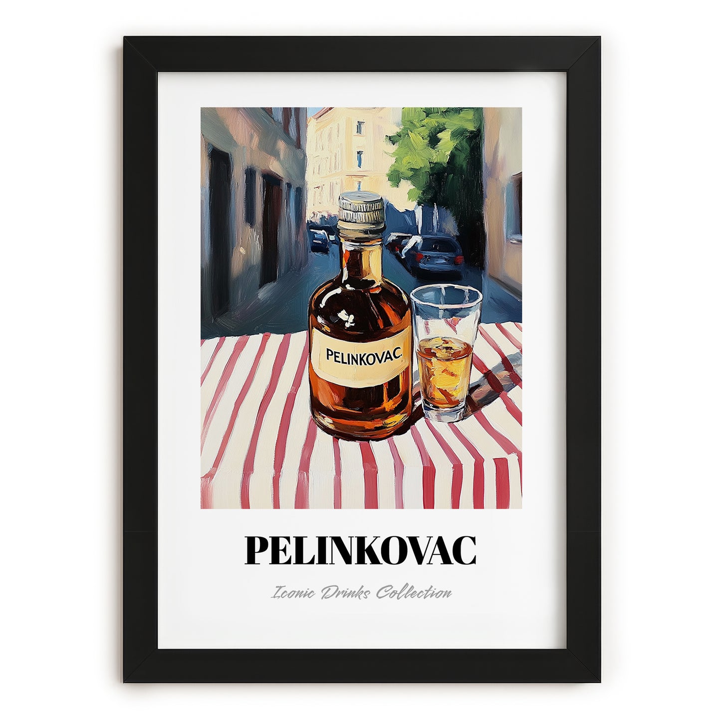 Pelinkovac – Croatian Urban Café Scene, Croatian Spirit Still Life, in sleek black frame