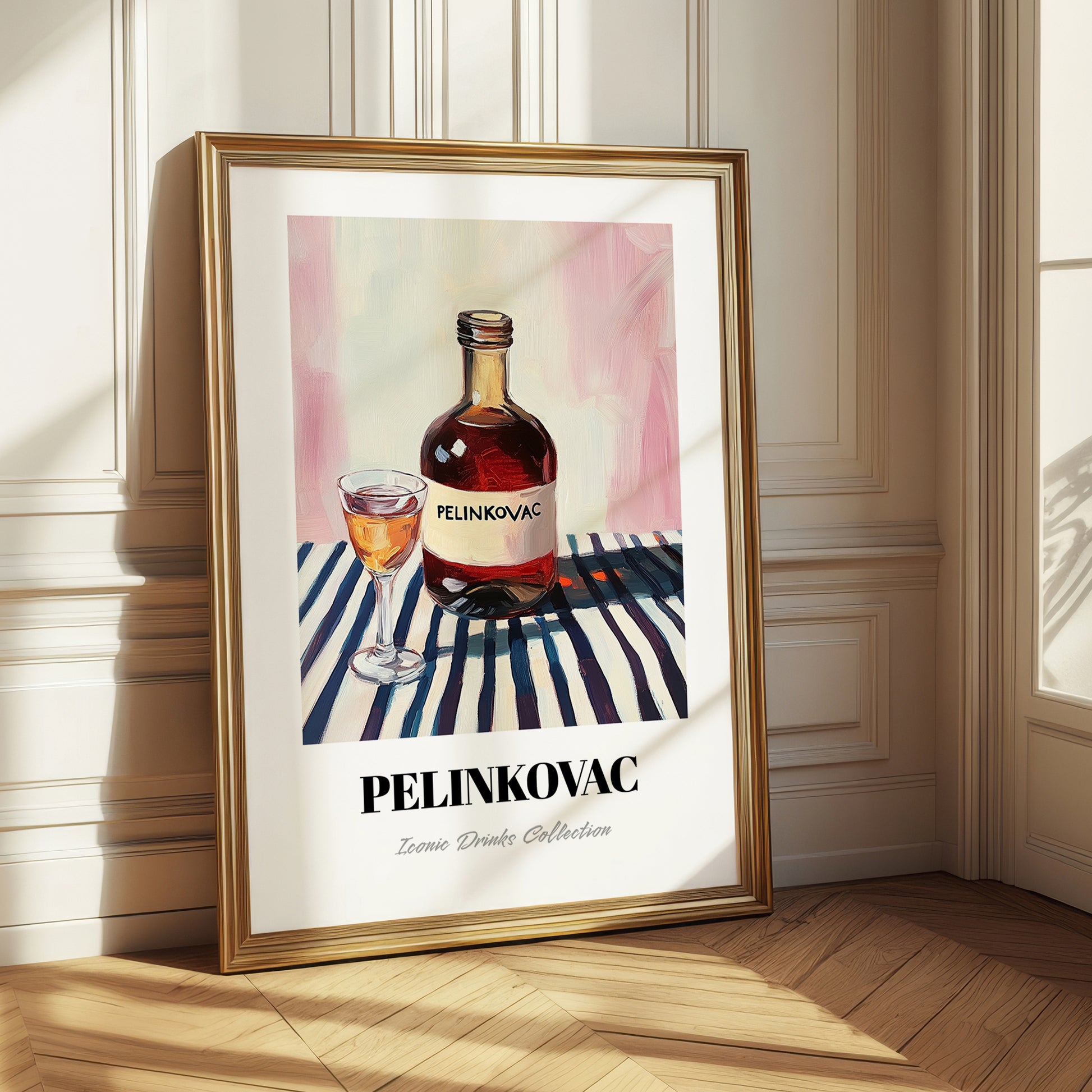 Pelinkovac – on Striped Tablecloth, Croatian Beverage Illustration