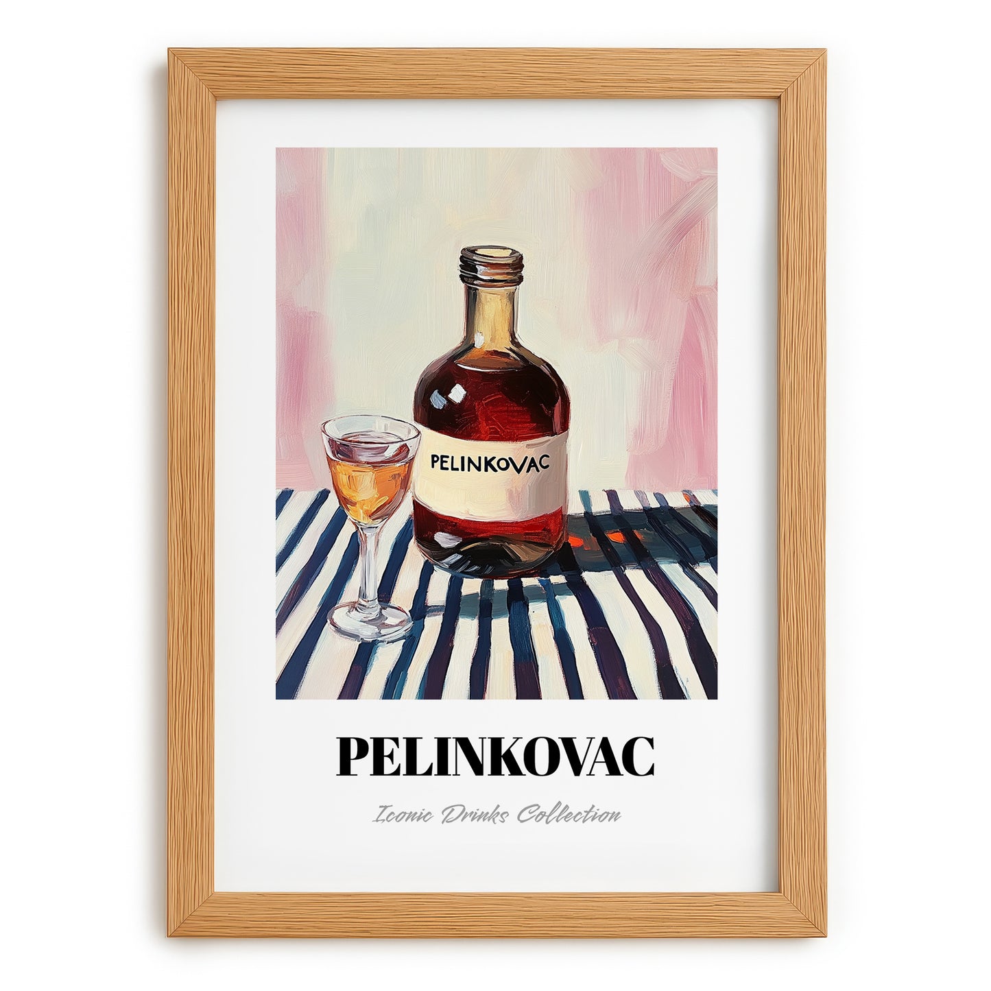 Pelinkovac – on Striped Tablecloth, Croatian Beverage Illustration, set in oak frame