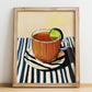 Aguapanela – on Striped Tablecloth, Colombian Beverage Painting, no-text version framed in wood