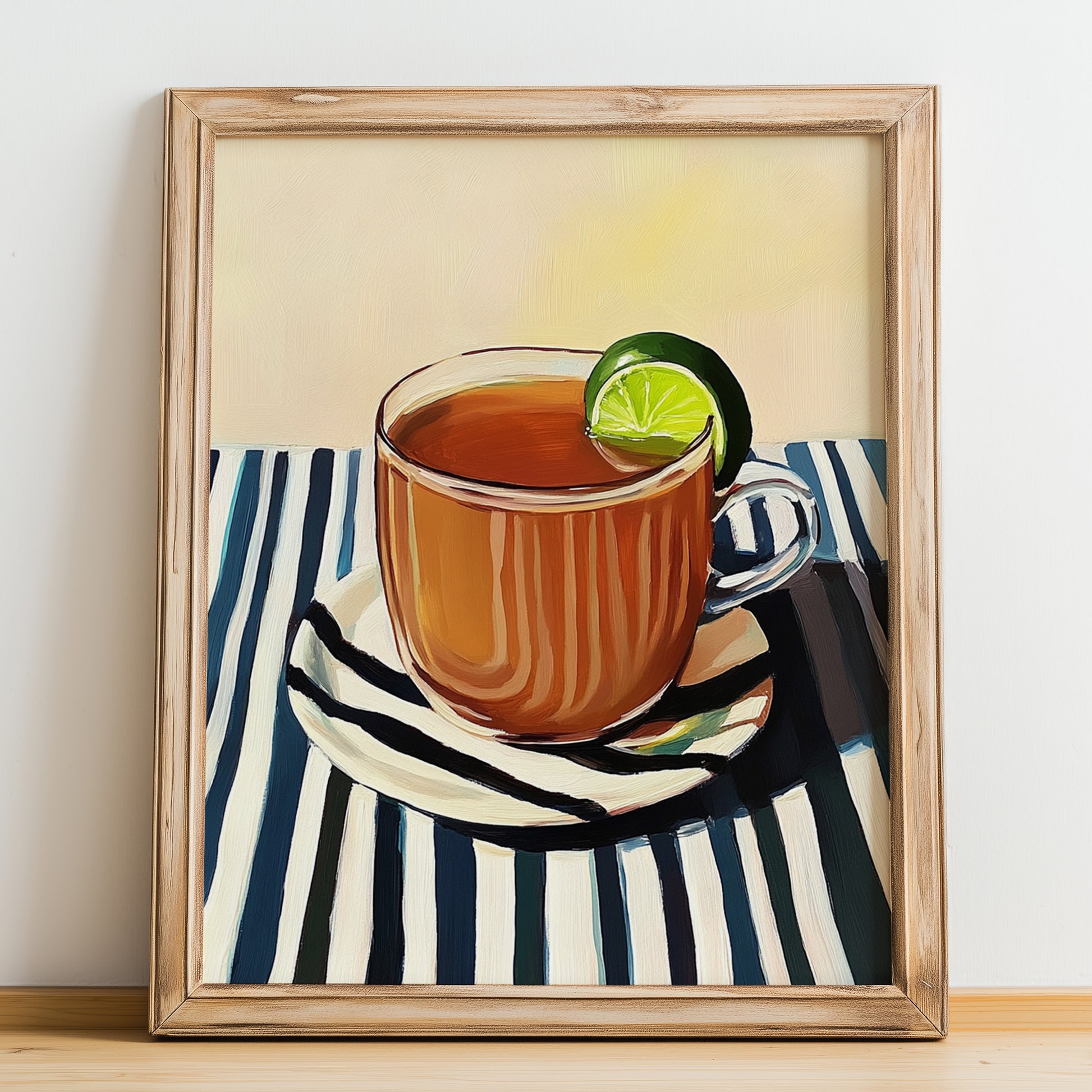 Aguapanela – on Striped Tablecloth, Colombian Beverage Painting, no-text version framed in wood