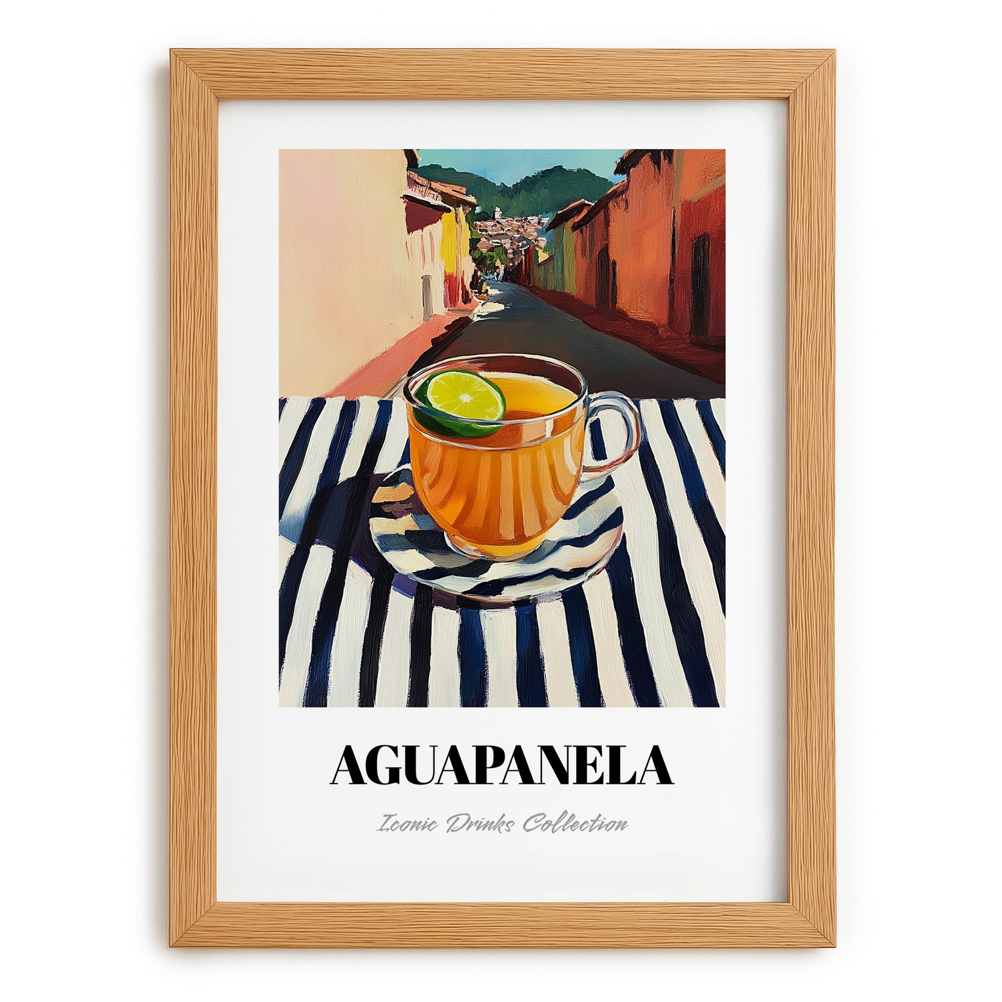 Aguapanela – Colombian Street Café Scene, Colombian Coffee Painting, set in oak frame