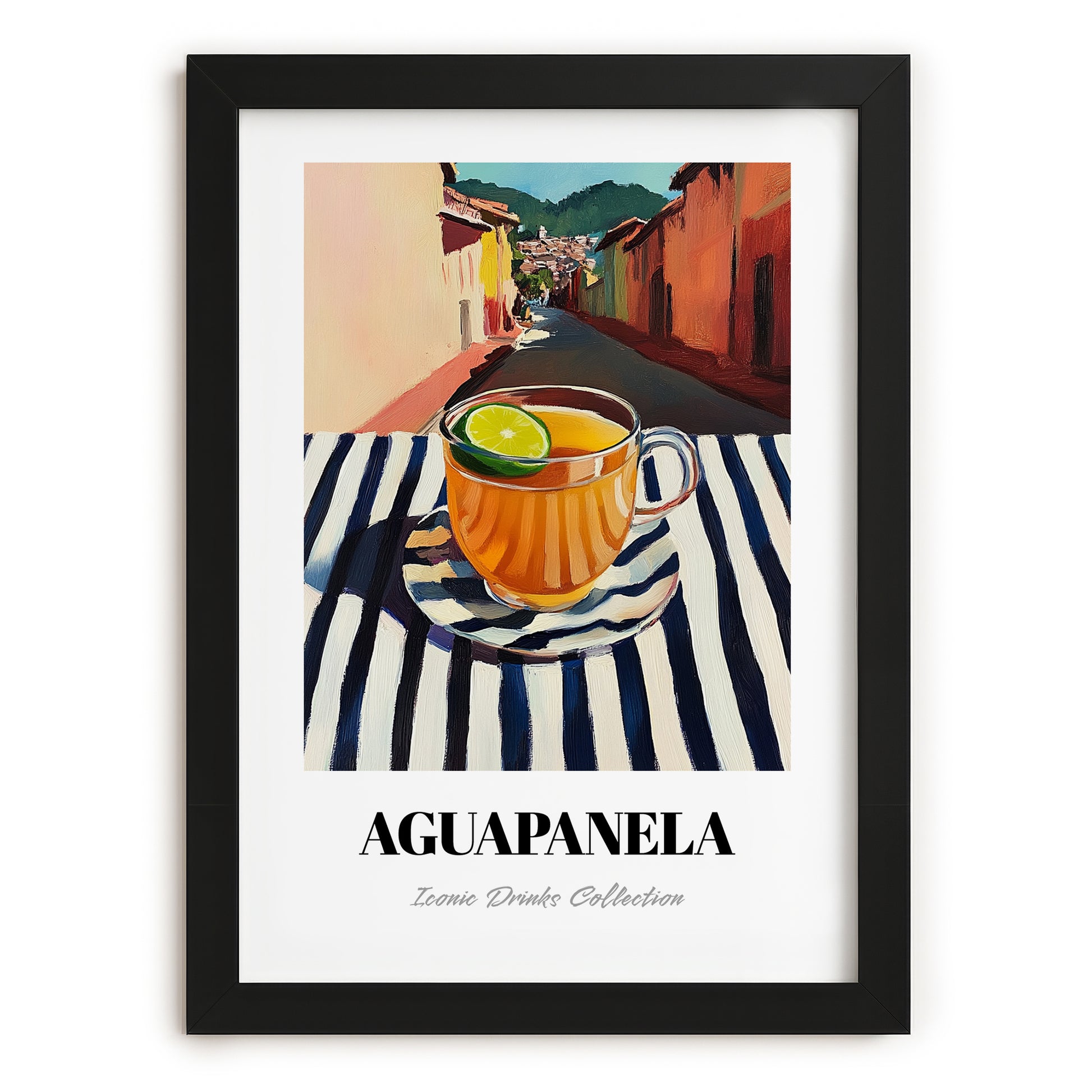 Aguapanela – Colombian Street Café Scene, Colombian Coffee Painting, in sleek black frame