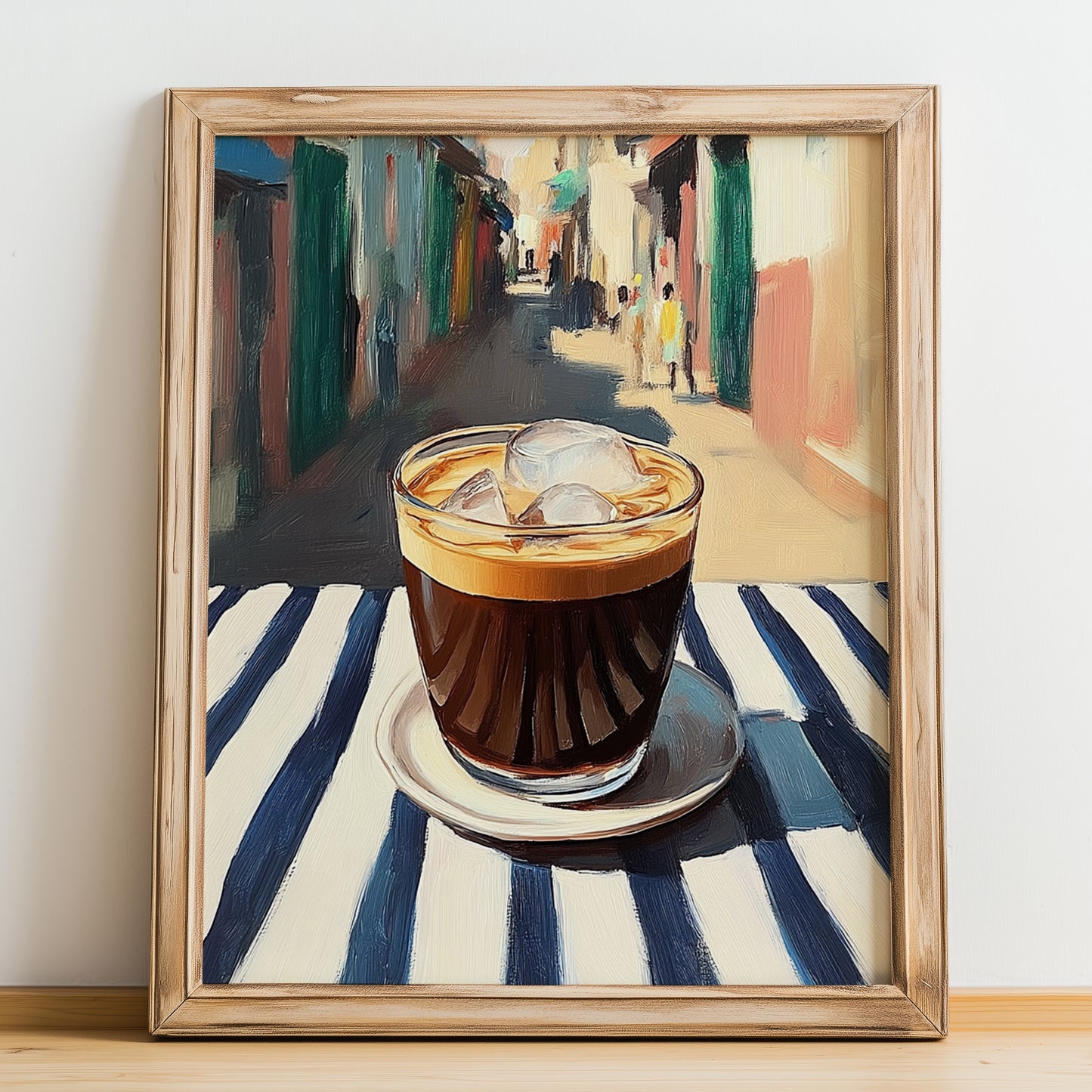 Cà Phê Sữa Đá – Vietnamese Street Café Scene, Vietnamese Coffee Painting, no-text version framed in wood