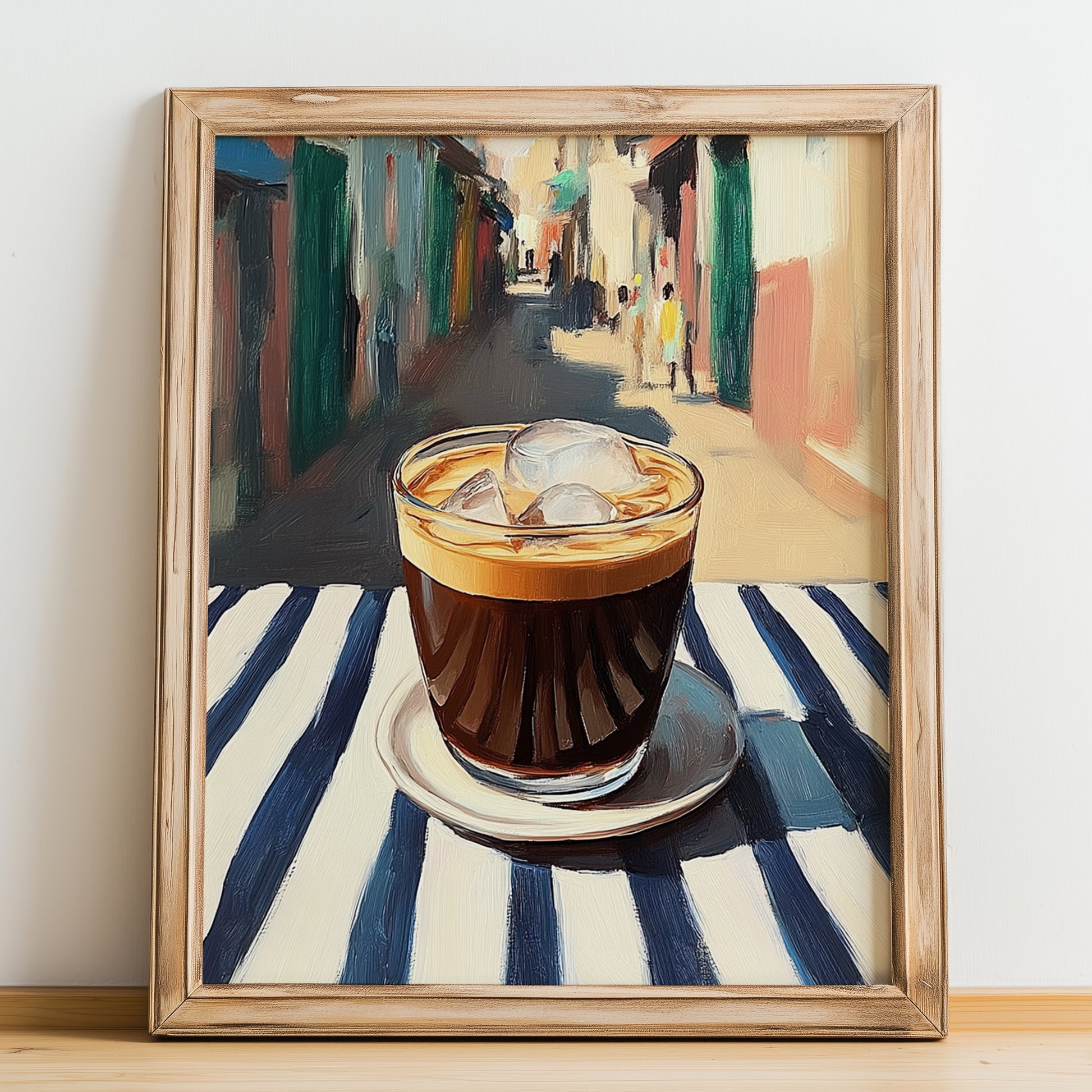 Cà Phê Sữa Đá – Vietnamese Street Café Scene, Vietnamese Coffee Painting, no-text version framed in wood