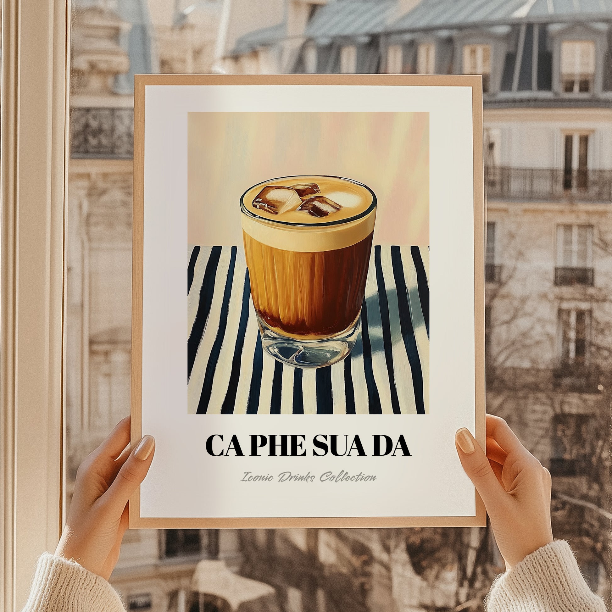 Cà Phê Sữa Đá – on Striped Tablecloth, Vietnamese Beverage Poster, styled in a charming Paris street view