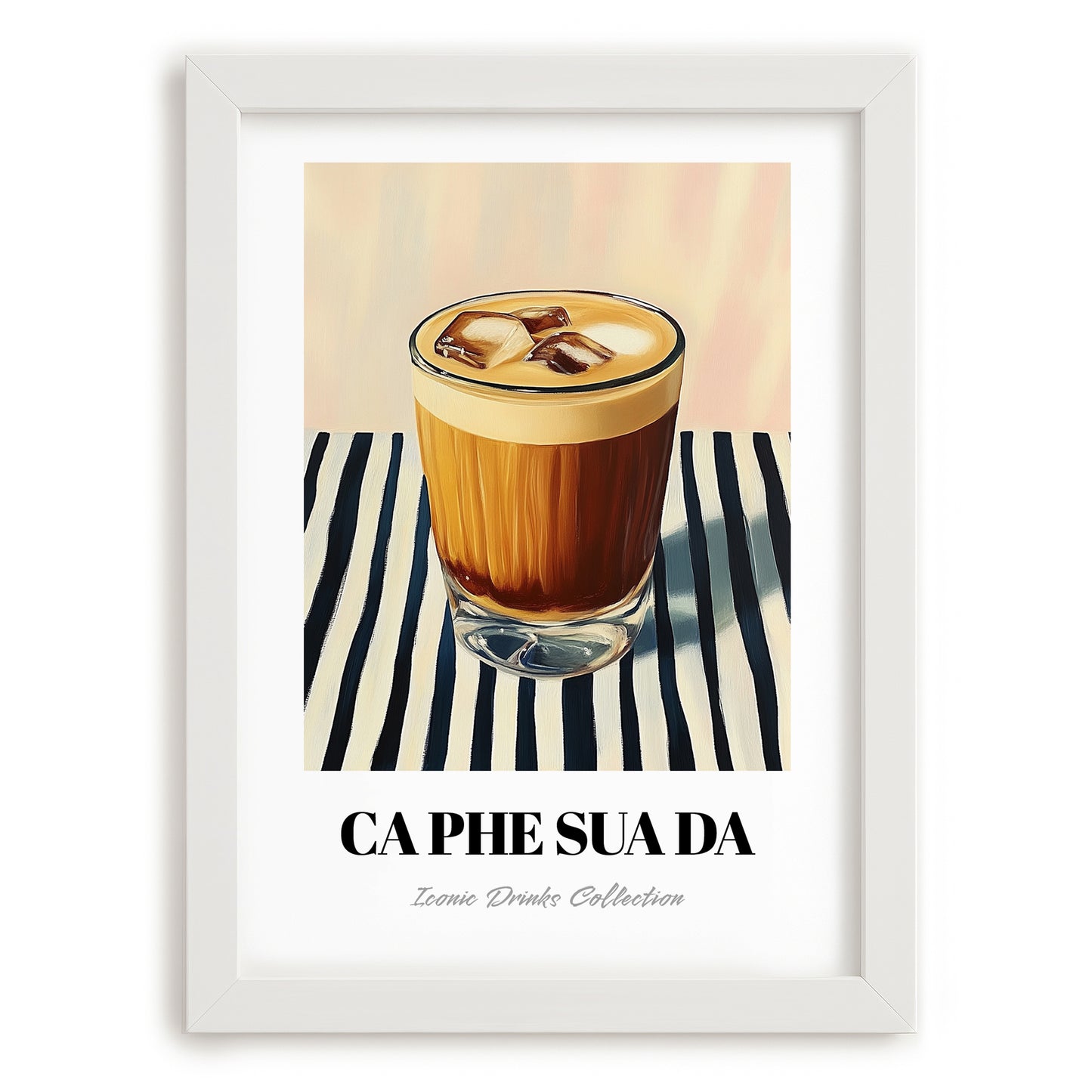 Cà Phê Sữa Đá – on Striped Tablecloth, Vietnamese Beverage Poster, placed in minimal white frame