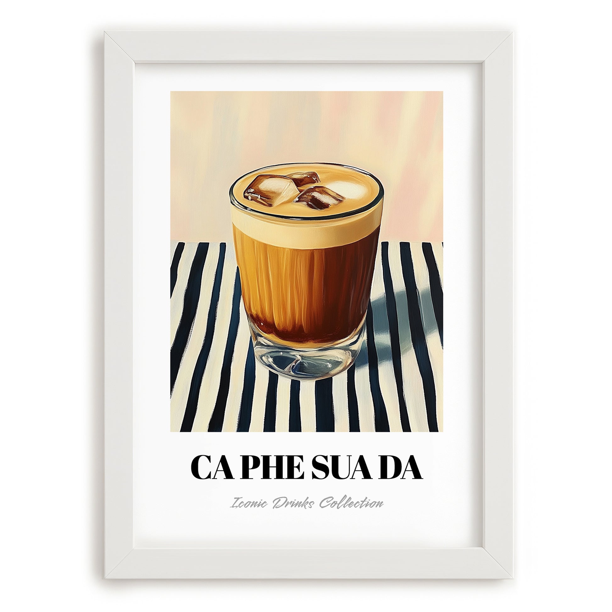Cà Phê Sữa Đá – on Striped Tablecloth, Vietnamese Beverage Poster, placed in minimal white frame