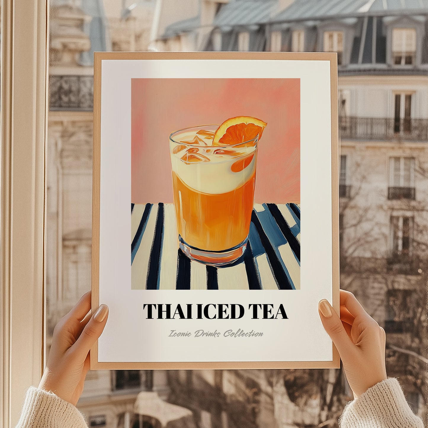 Thai Iced Tea – on Striped Tablecloth, Thai Beverage Still Life, styled in a charming Paris street view