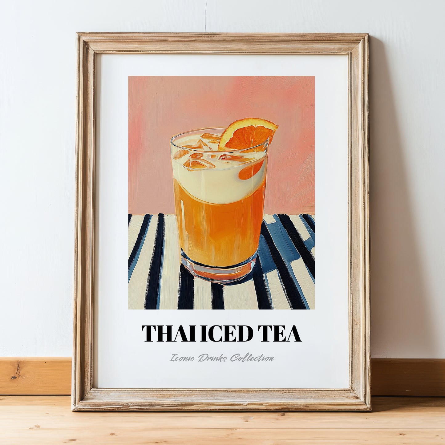 Thai Iced Tea – on Striped Tablecloth, Thai Beverage Still Life, in wooden frame leaning on the floor