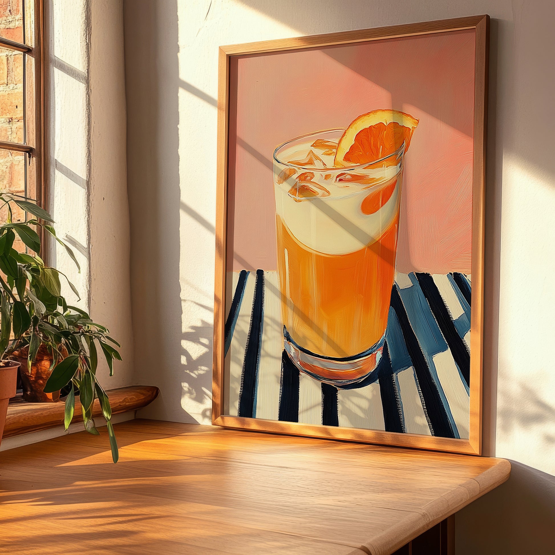 Thai Iced Tea – on Striped Tablecloth, Thai Beverage Still Life, clean layout with no caption