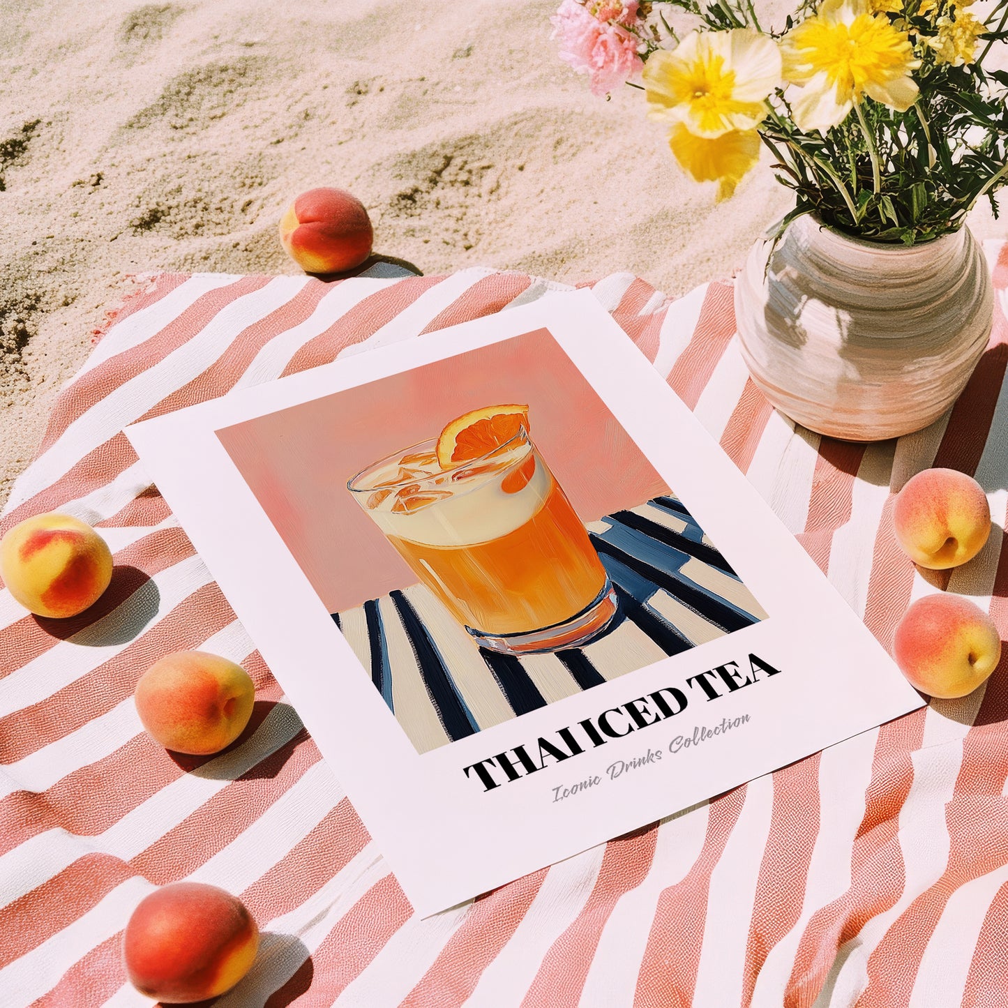 Thai Iced Tea – on Striped Tablecloth, Thai Beverage Still Life, unframed on coastal sand