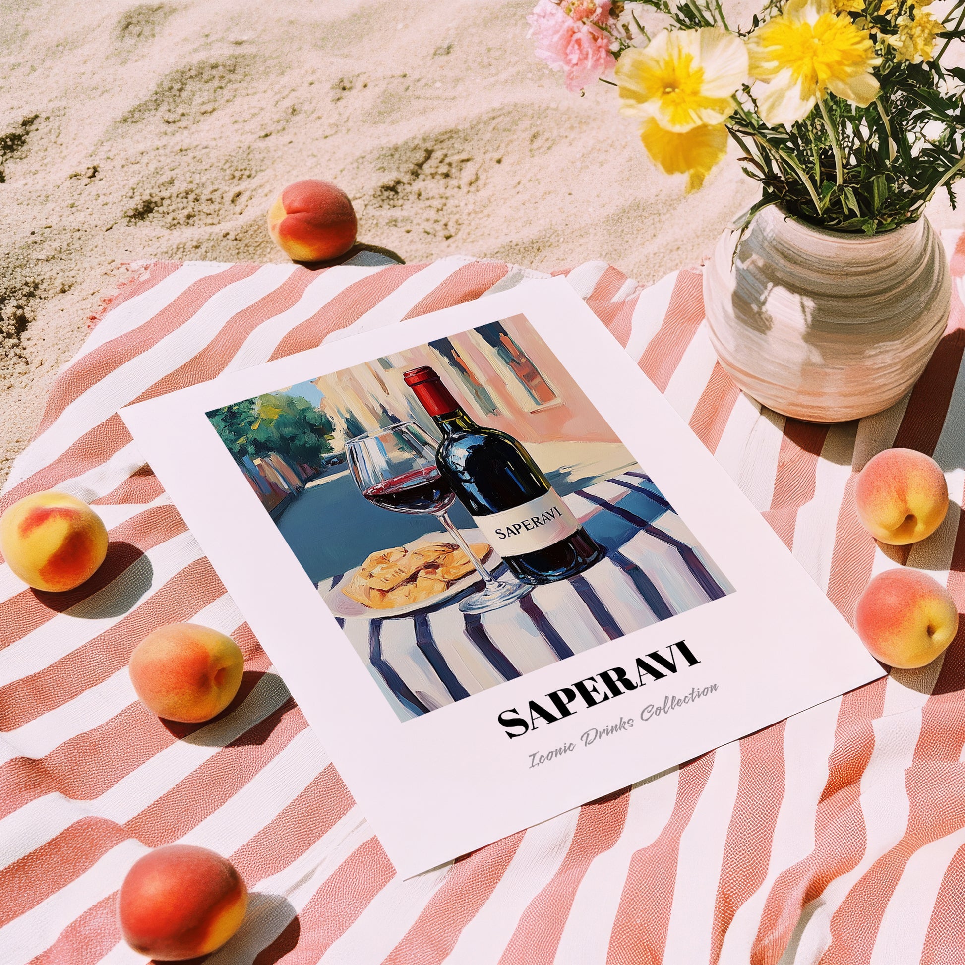 Saperavi – Georgian Café on the Corner, Georgian Wine Wall Decor, unframed on coastal sand