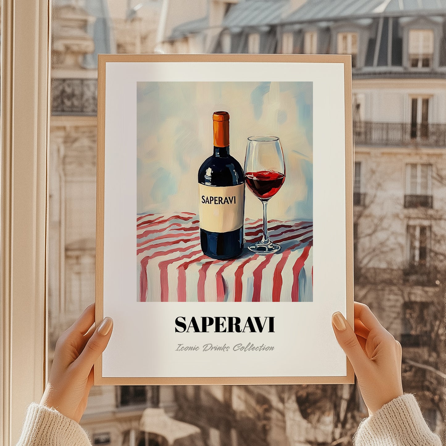 Saperavi – on Striped Tablecloth, Georgian Spirit Poster, styled in a charming Paris street view