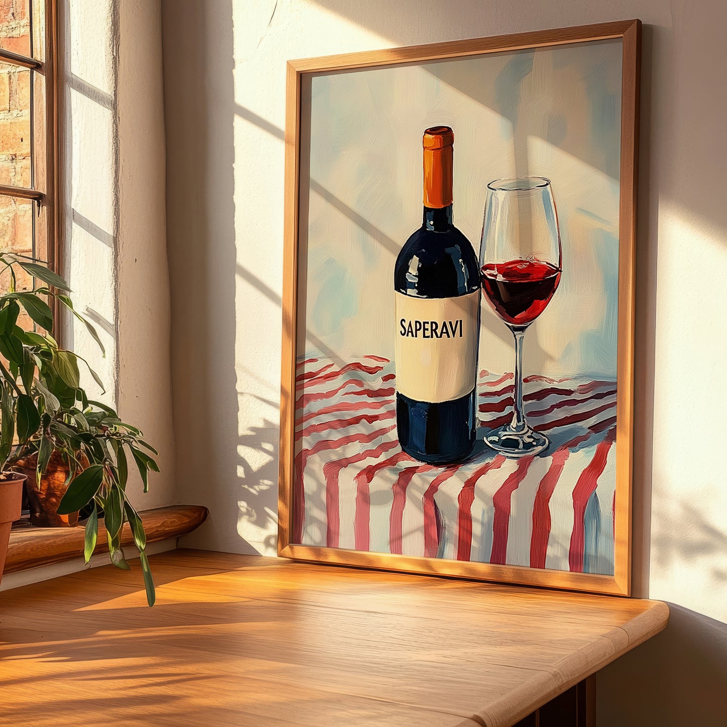 Saperavi – on Striped Tablecloth, Georgian Spirit Poster, clean layout with no caption