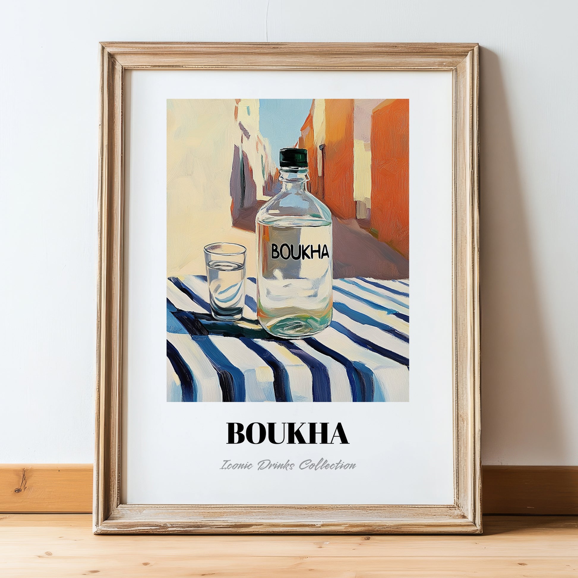 Boukha – Tunisian Street Café Scene, Tunisian Spirit Wall Decor, in wooden frame leaning on the floor