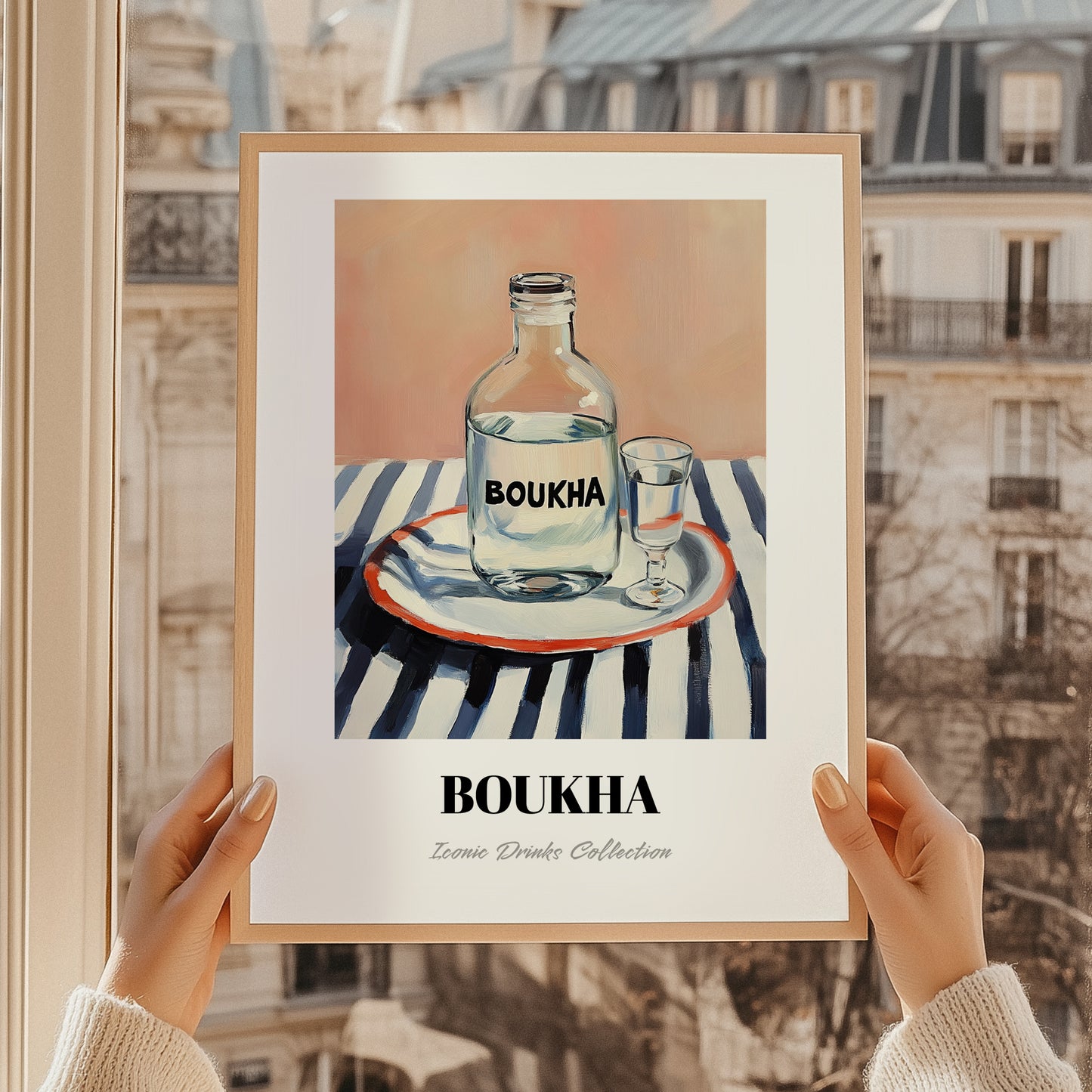 Boukha – on Striped Tablecloth, Tunisian Wine Still Life, styled in a charming Paris street view