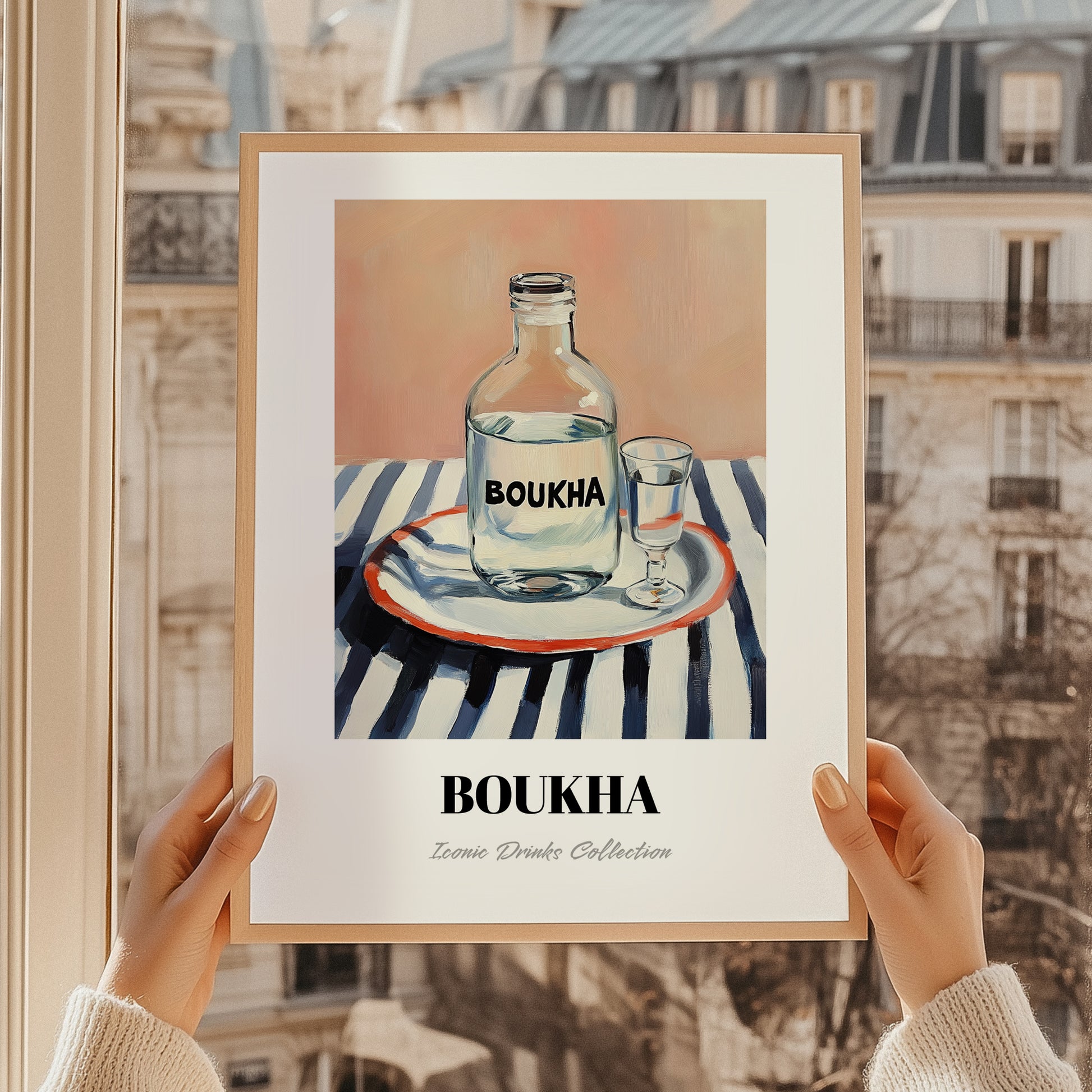 Boukha – on Striped Tablecloth, Tunisian Wine Still Life, styled in a charming Paris street view
