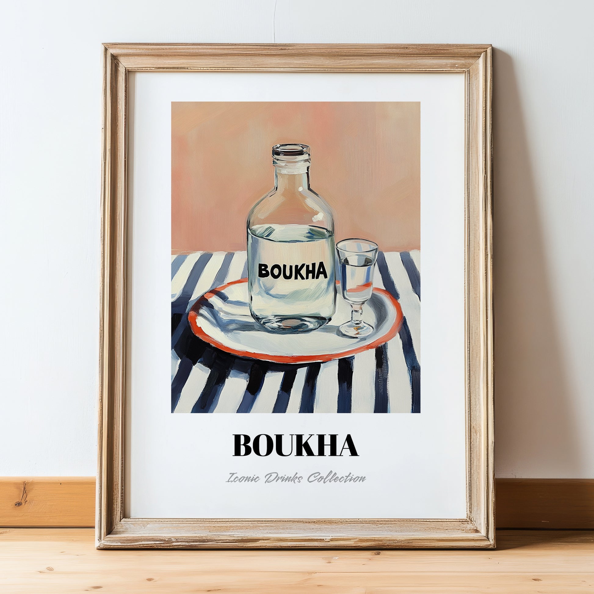 Boukha – on Striped Tablecloth, Tunisian Wine Still Life, in wooden frame leaning on the floor