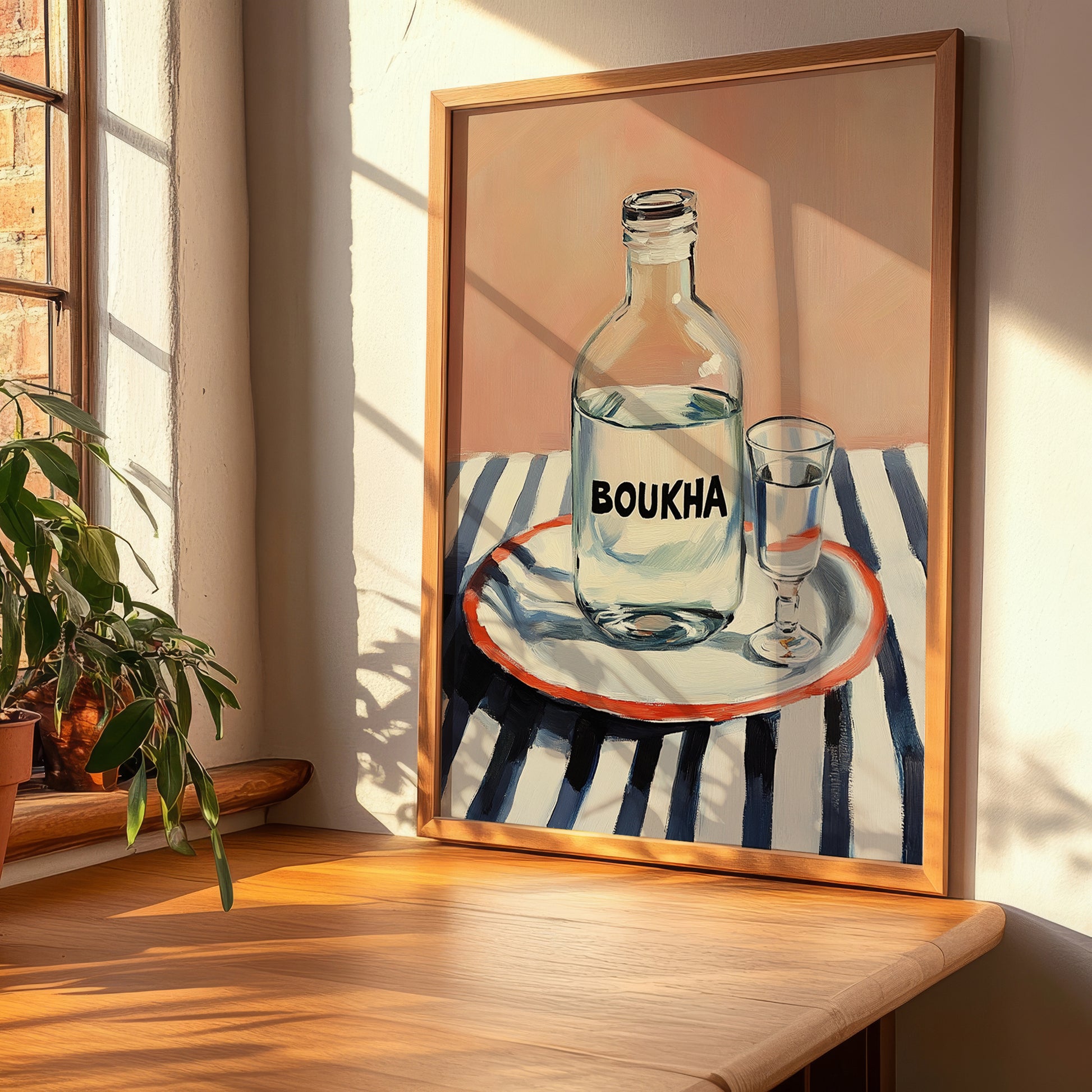 Boukha – on Striped Tablecloth, Tunisian Wine Still Life, clean layout with no caption