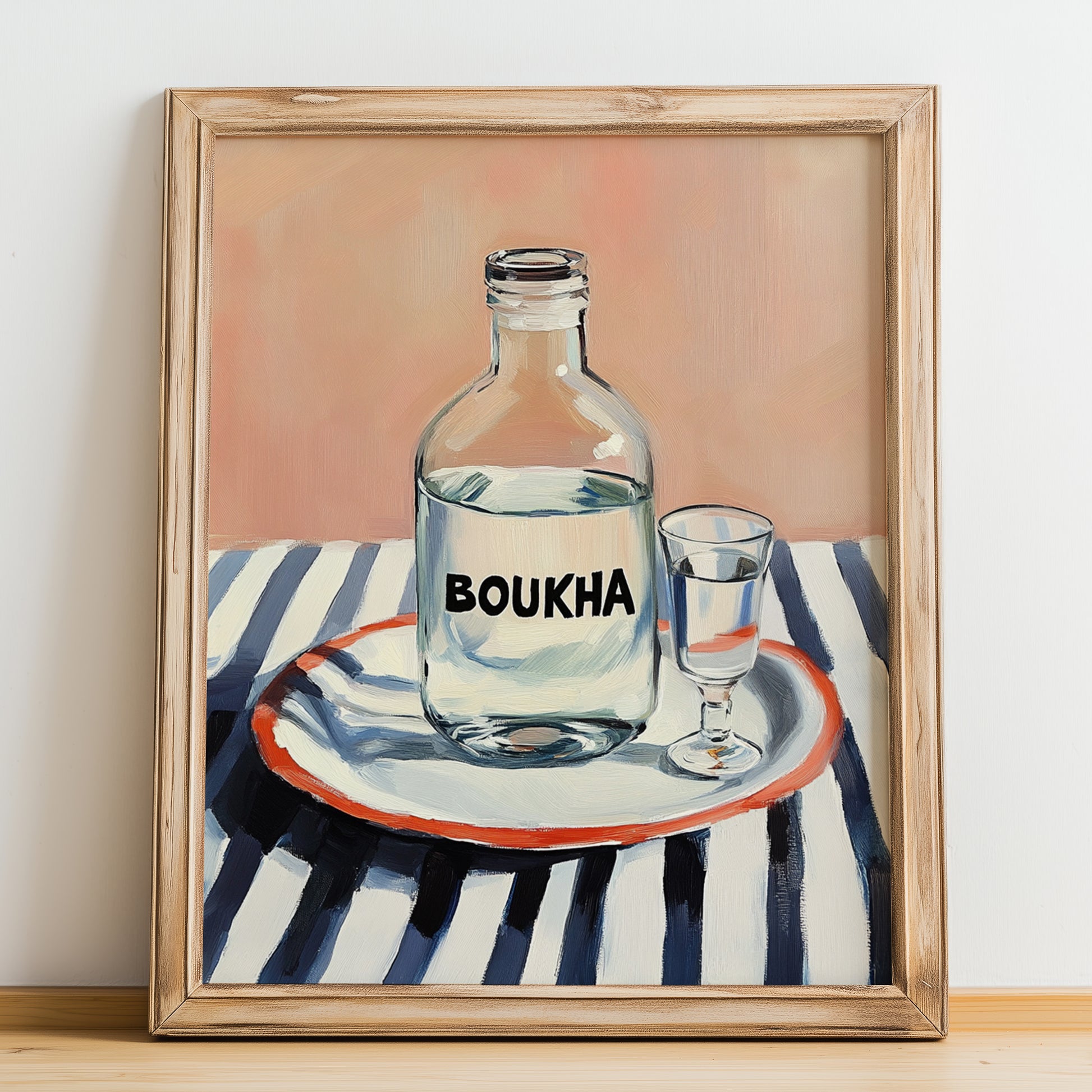 Boukha – on Striped Tablecloth, Tunisian Wine Still Life, no-text version framed in wood