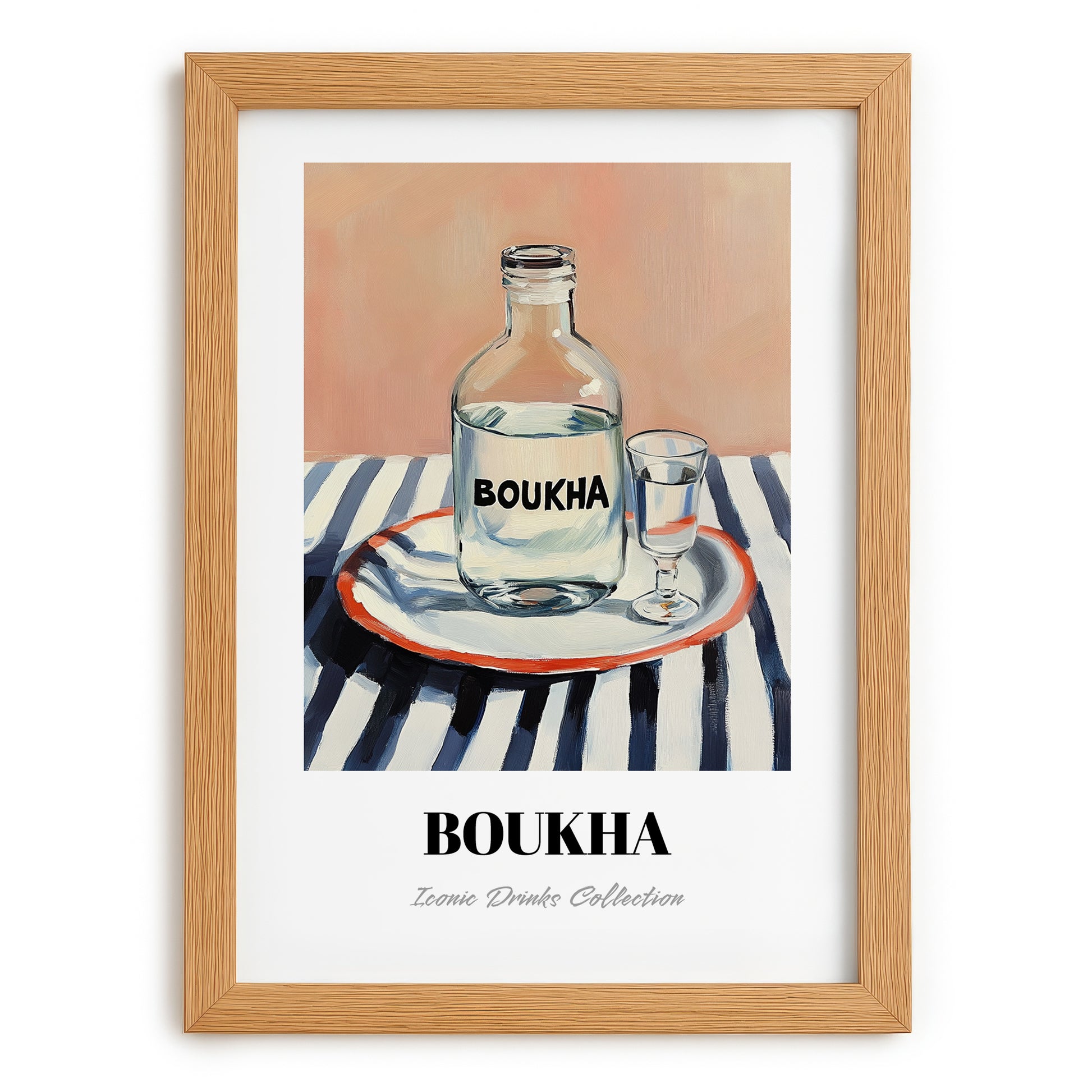 Boukha – on Striped Tablecloth, Tunisian Wine Still Life, set in oak frame