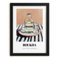 Boukha – on Striped Tablecloth, Tunisian Wine Still Life, in sleek black frame