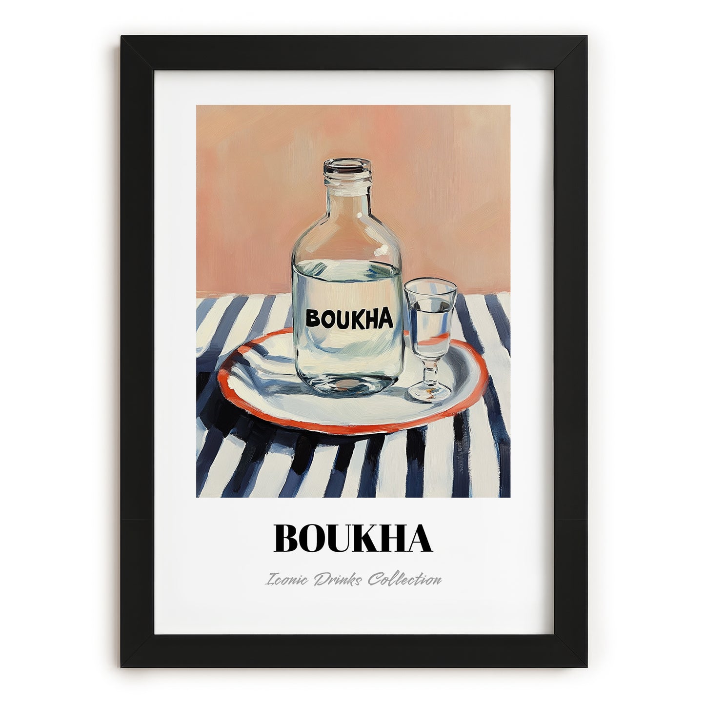 Boukha – on Striped Tablecloth, Tunisian Wine Still Life, in sleek black frame