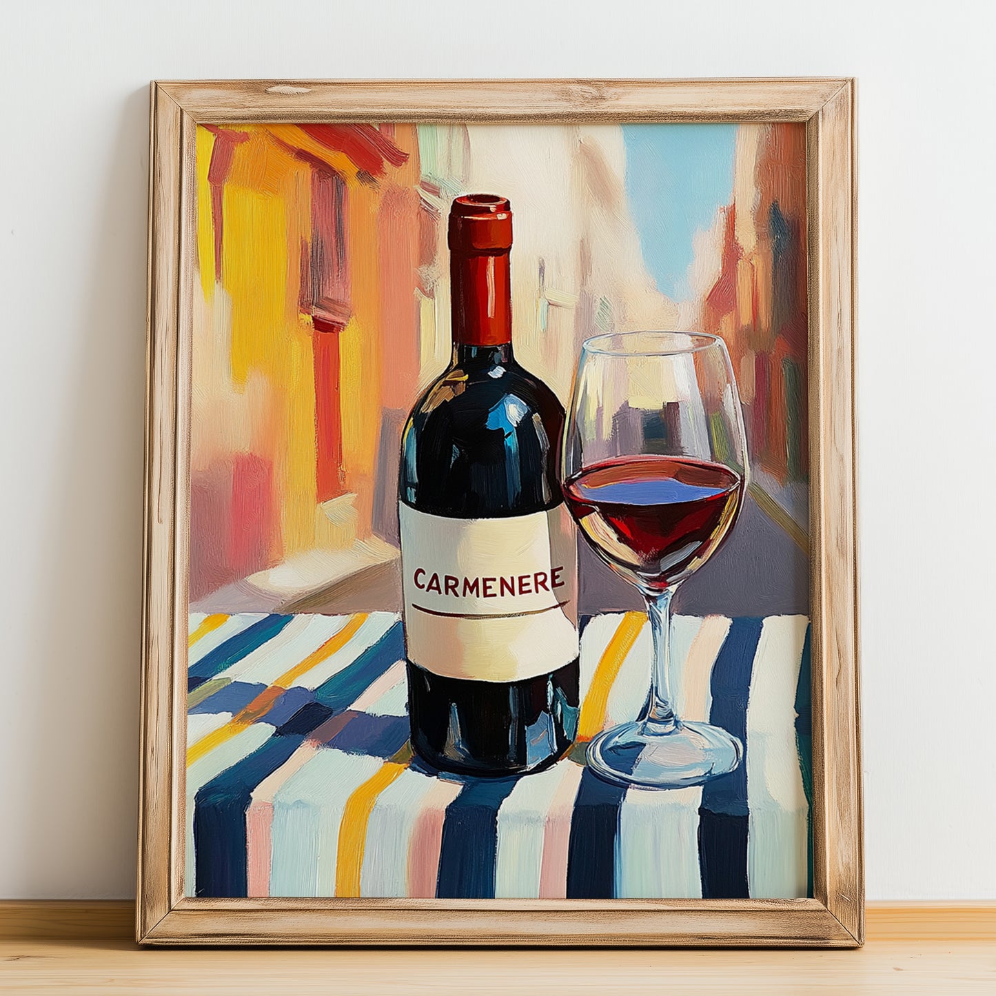 Carménère – Chilean Outdoor Café Scene, Chilean Wine Wall Art, no-text version framed in wood