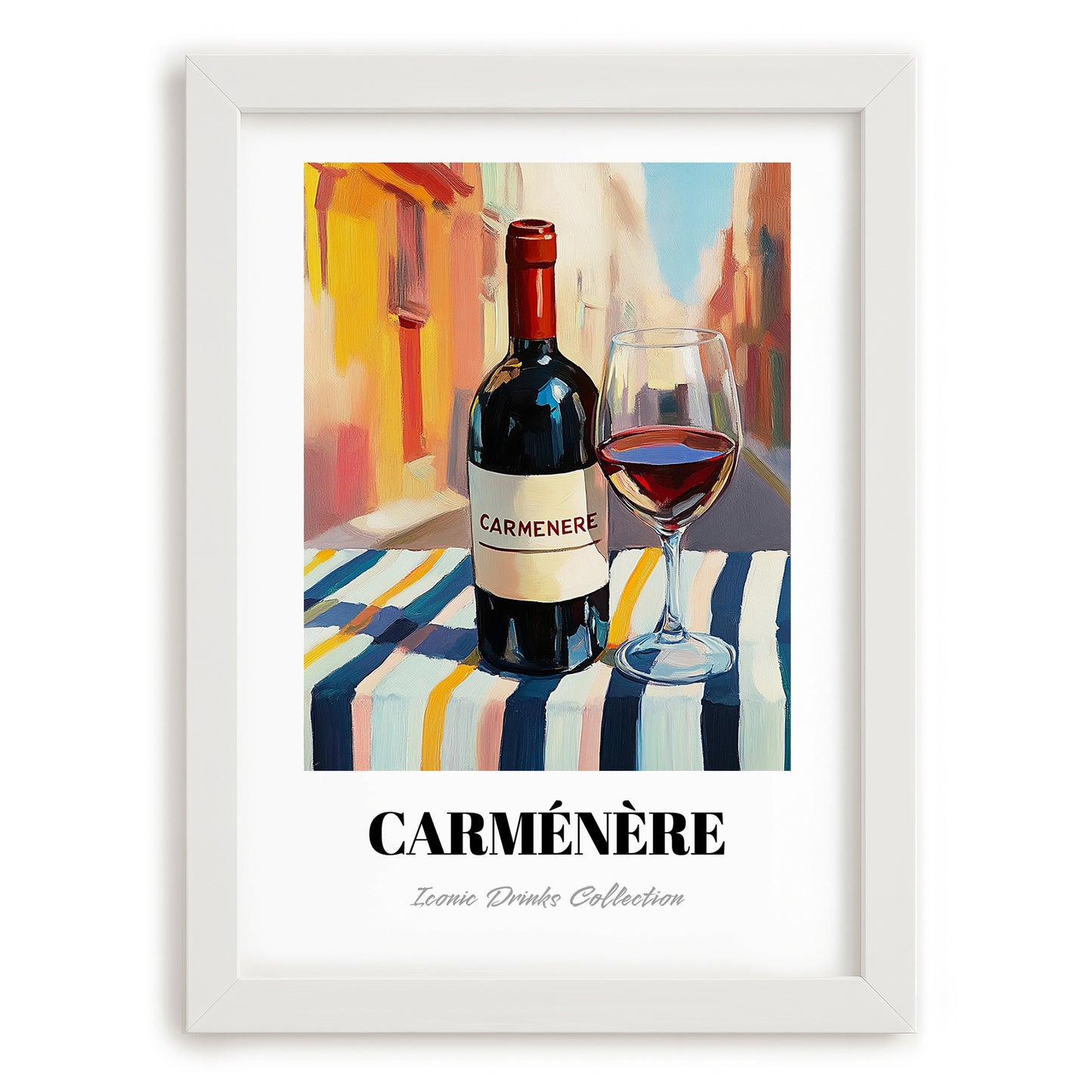 Carménère – Chilean Outdoor Café Scene, Chilean Wine Wall Art, placed in minimal white frame
