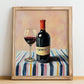 Carménère – on Striped Tablecloth, Chilean Beverage Painting, no-text version framed in wood