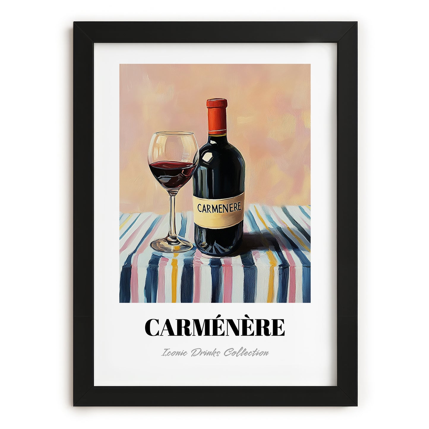 Carménère – on Striped Tablecloth, Chilean Beverage Painting, in sleek black frame
