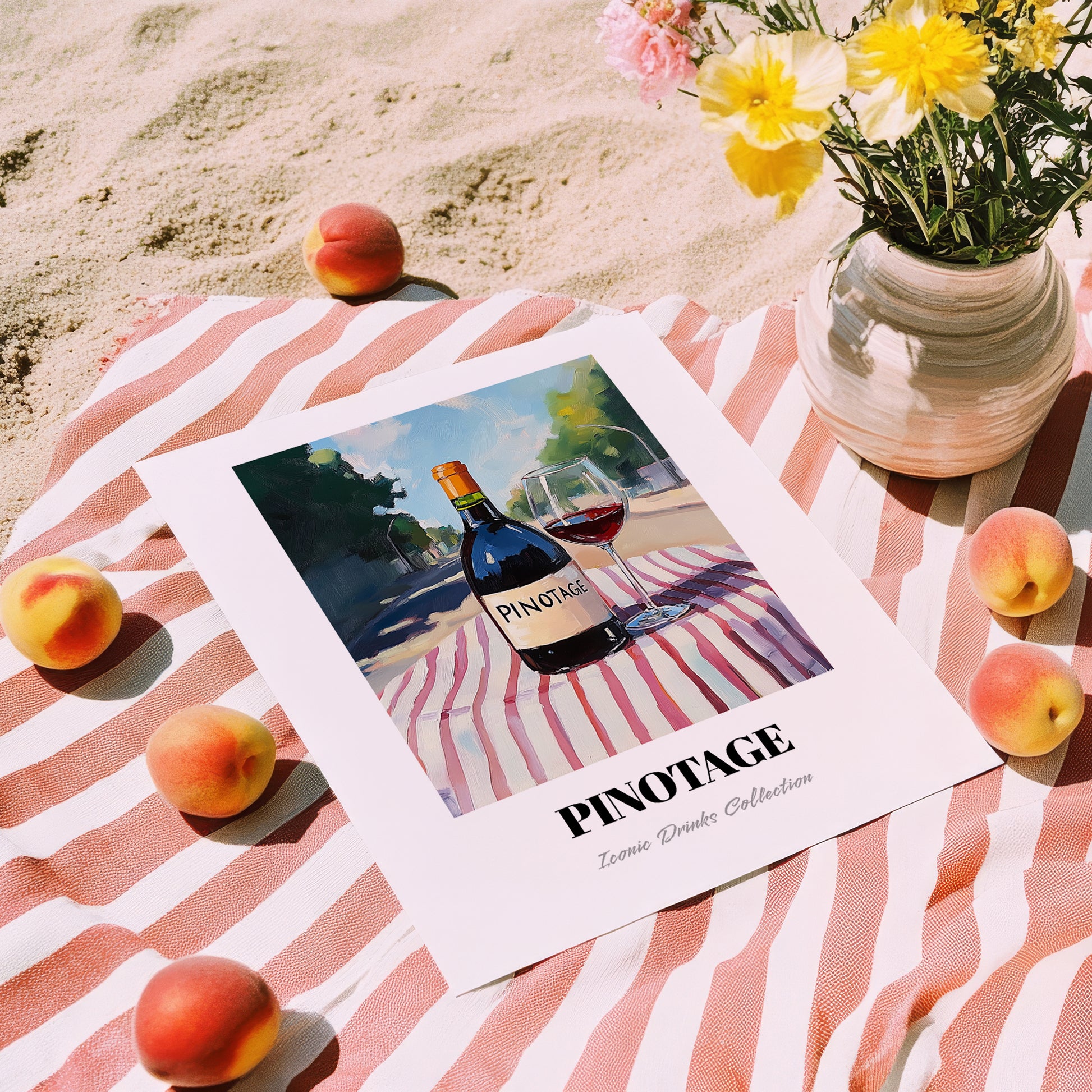 Pinotage – South African Café on the Corner, South African Tea Wall Decor, unframed on coastal sand