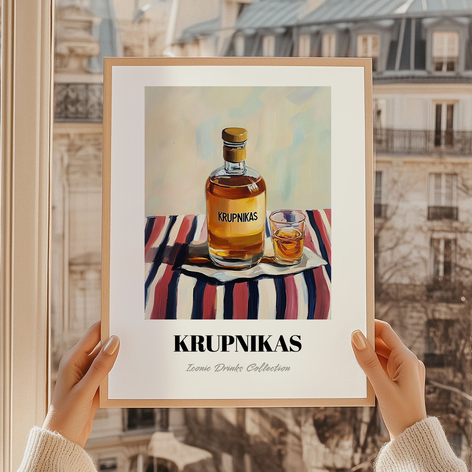 Krupnikas – on Striped Tablecloth, Lithuanian Beverage Painting, styled in a charming Paris street view