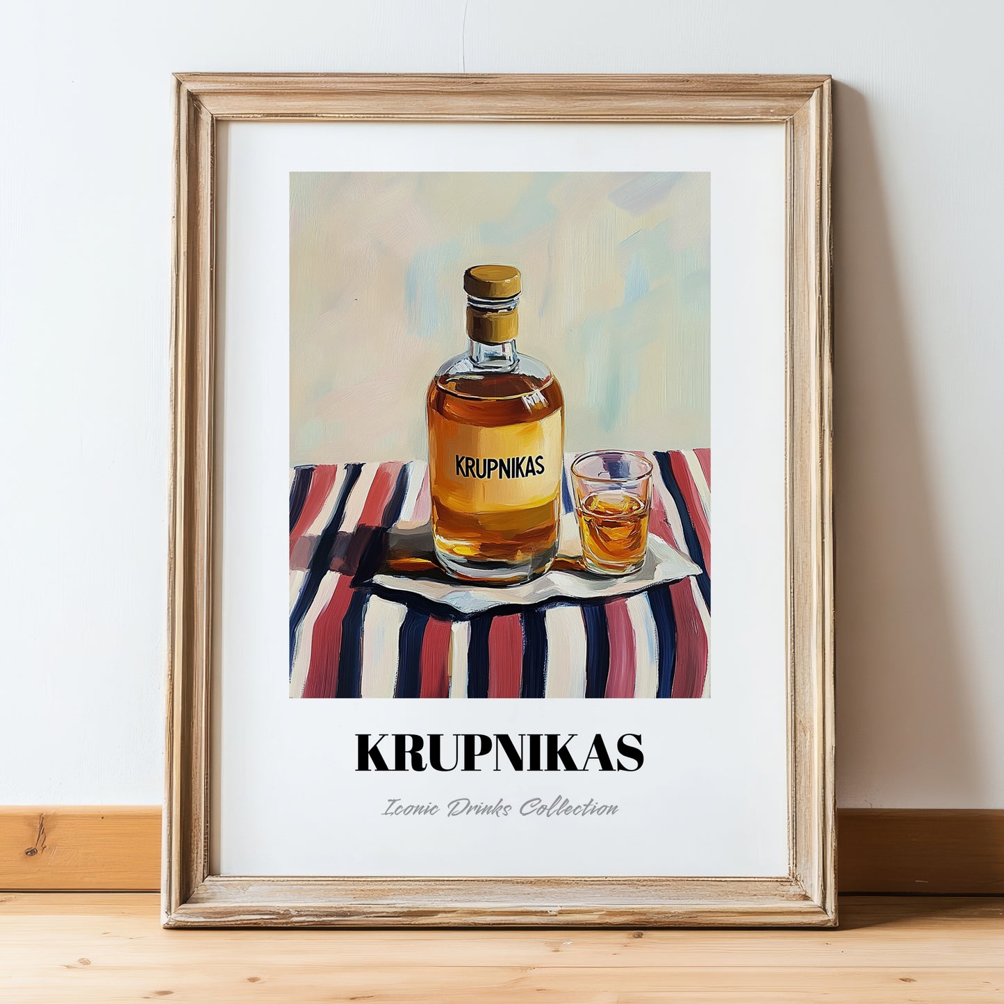 Krupnikas – on Striped Tablecloth, Lithuanian Beverage Painting, in wooden frame leaning on the floor