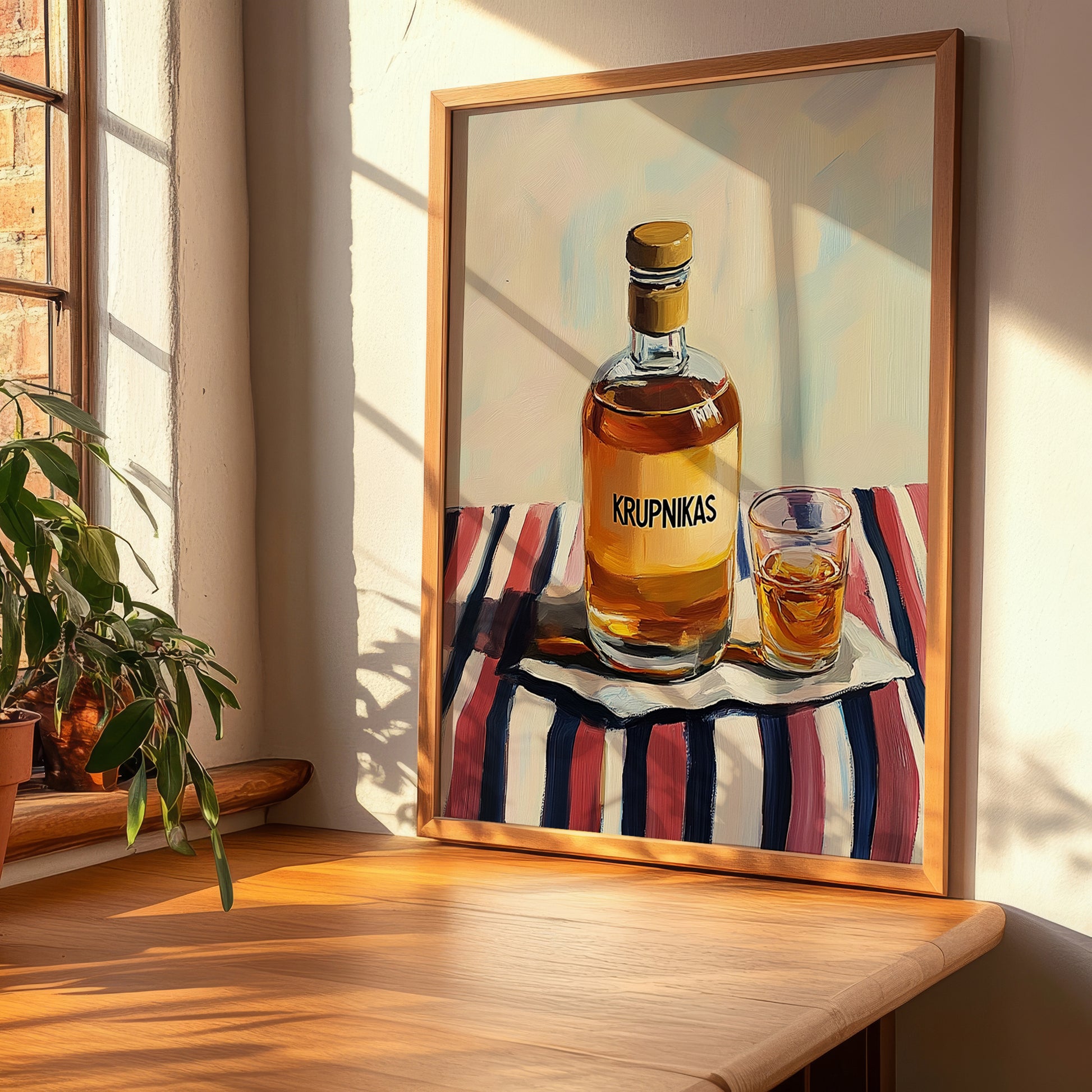 Krupnikas – on Striped Tablecloth, Lithuanian Beverage Painting, clean layout with no caption