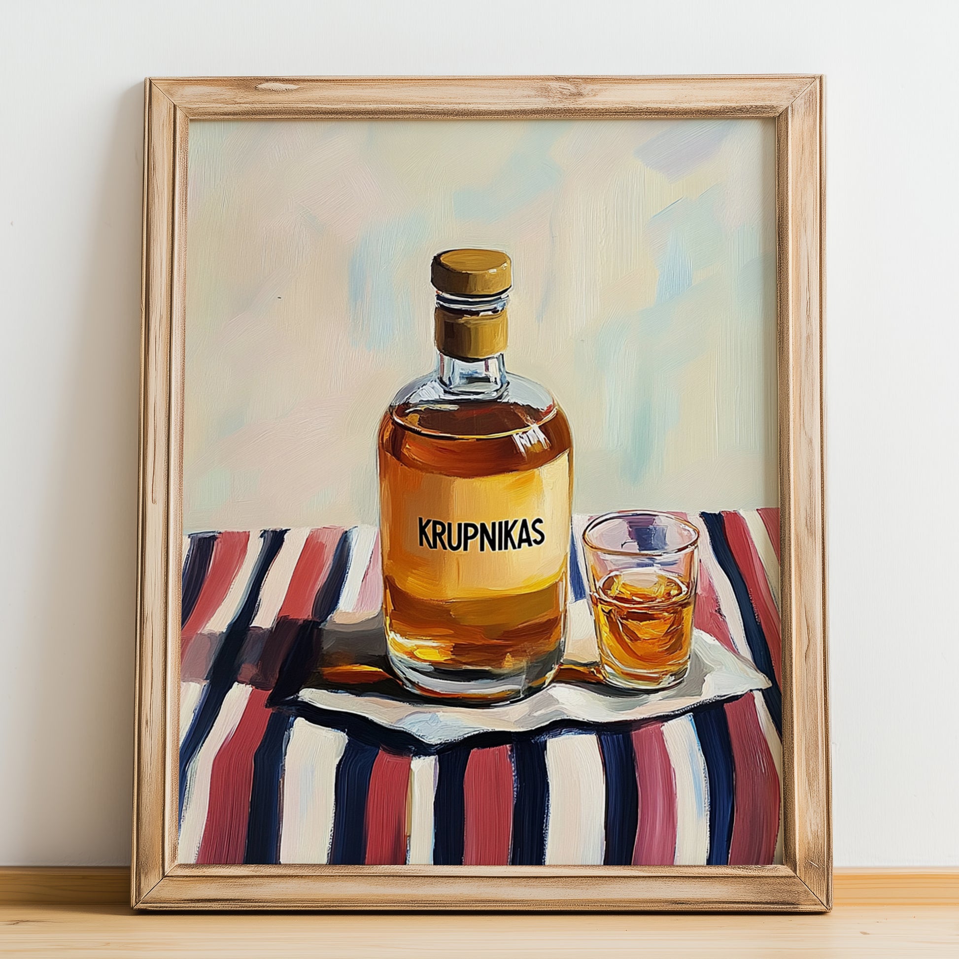 Krupnikas – on Striped Tablecloth, Lithuanian Beverage Painting, no-text version framed in wood