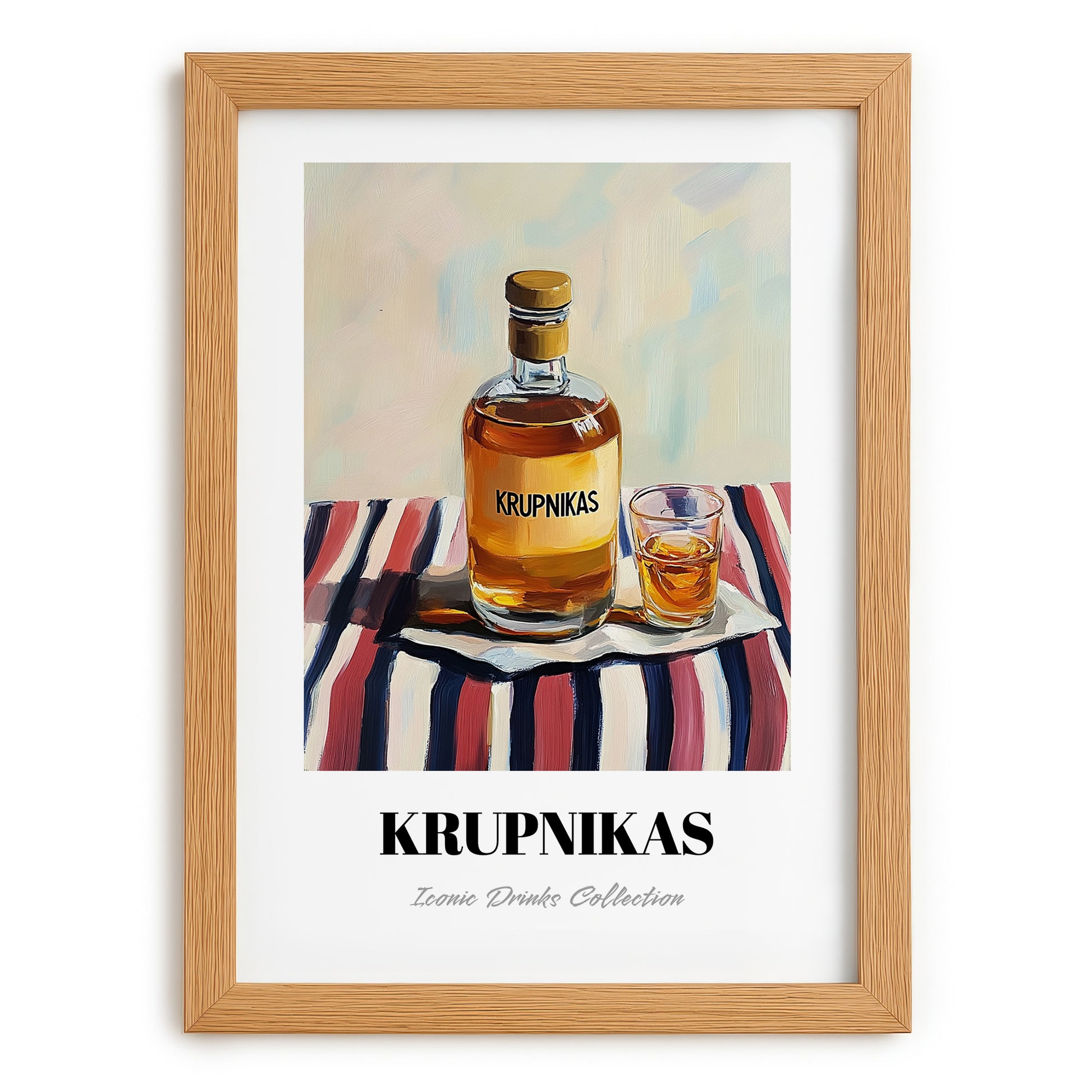 Krupnikas – on Striped Tablecloth, Lithuanian Beverage Painting, set in oak frame