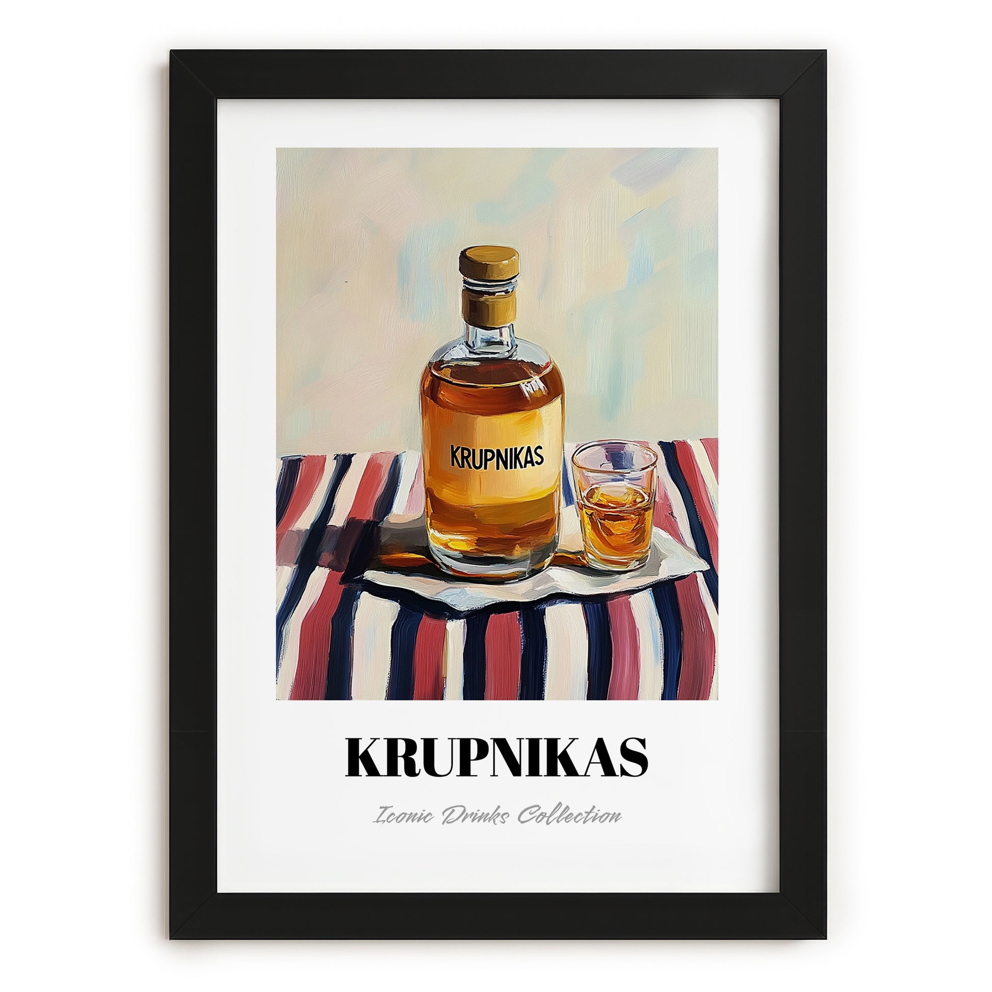 Krupnikas – on Striped Tablecloth, Lithuanian Beverage Painting, in sleek black frame