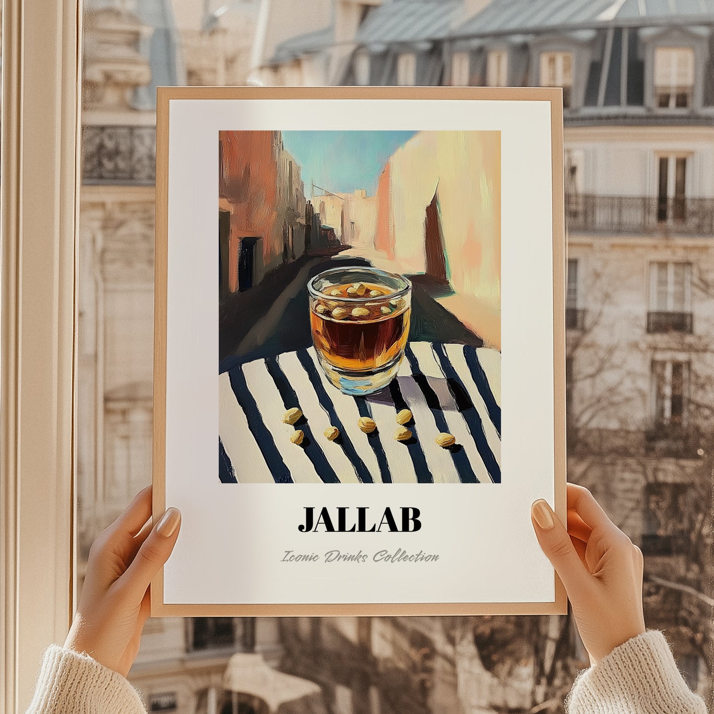 Jallab – Syrian Street Café Scene, Syrian Beverage Wall Decor, styled in a charming Paris street view