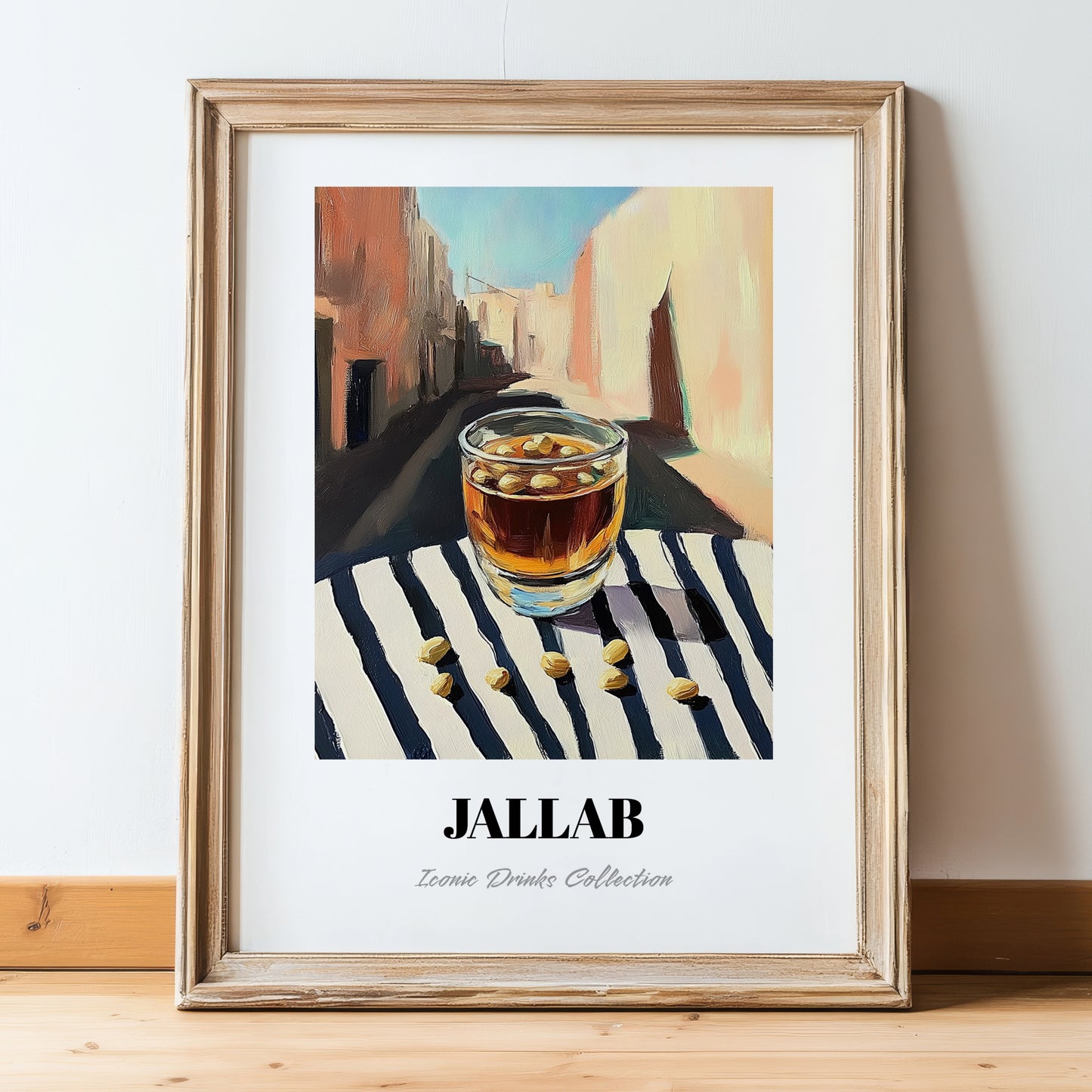 Jallab – Syrian Street Café Scene, Syrian Beverage Wall Decor, in wooden frame leaning on the floor