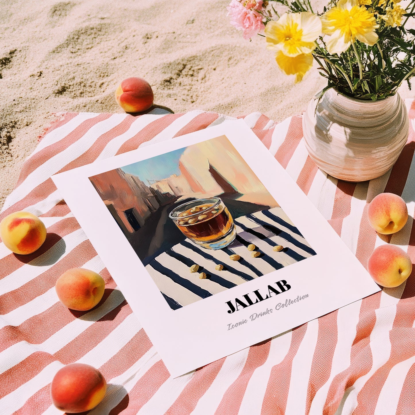 Jallab – Syrian Street Café Scene, Syrian Beverage Wall Decor, unframed on coastal sand