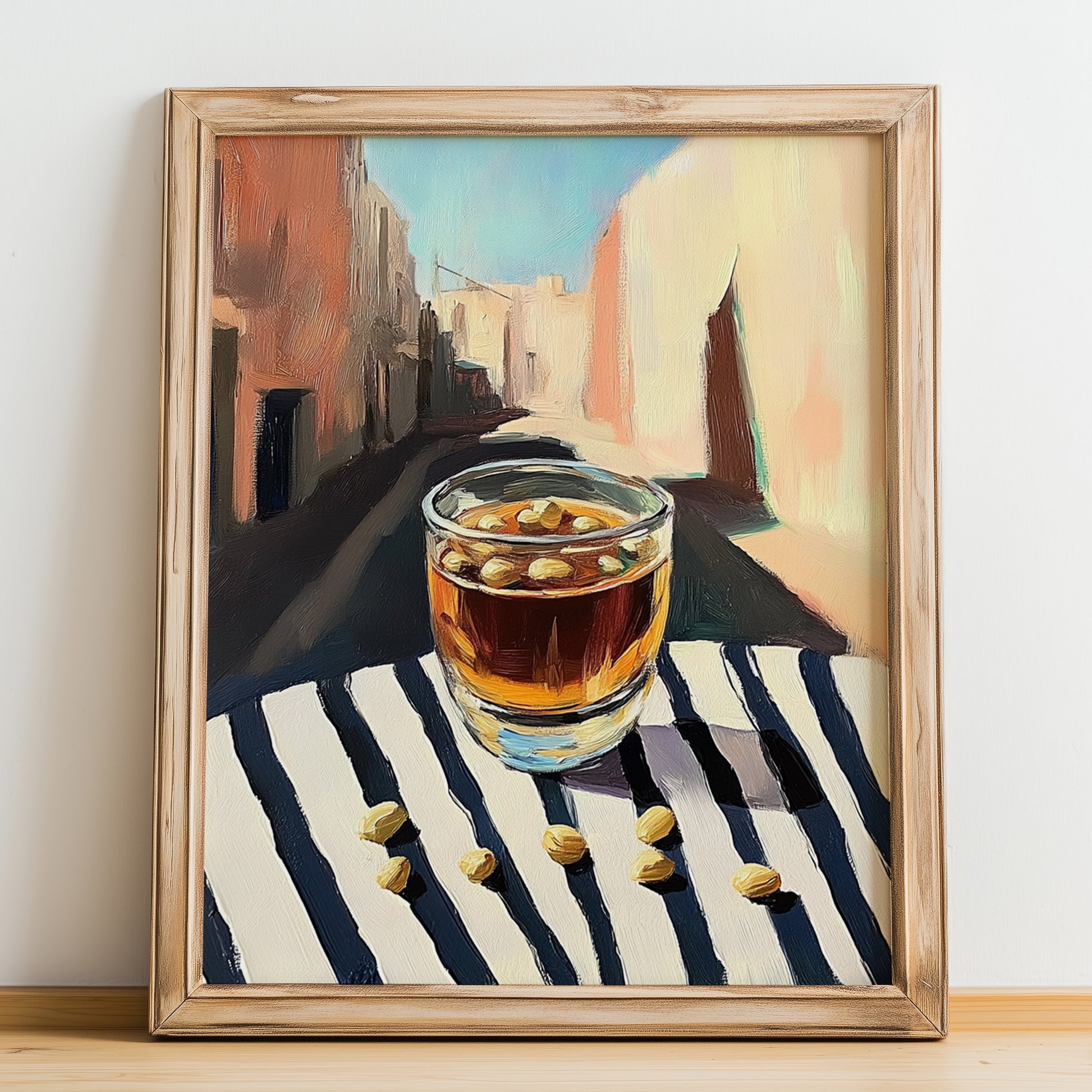 Jallab – Syrian Street Café Scene, Syrian Beverage Wall Decor, no-text version framed in wood