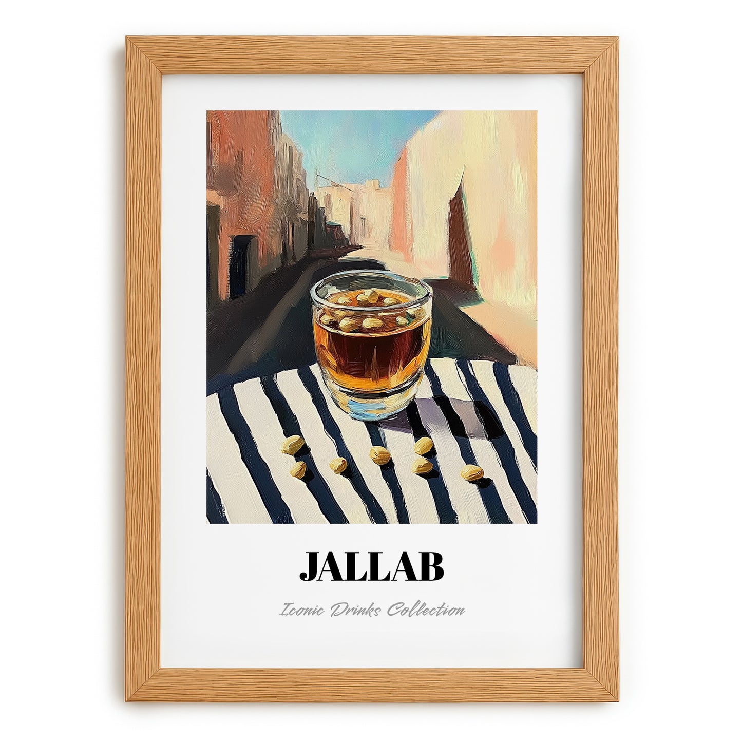 Jallab – Syrian Street Café Scene, Syrian Beverage Wall Decor, set in oak frame