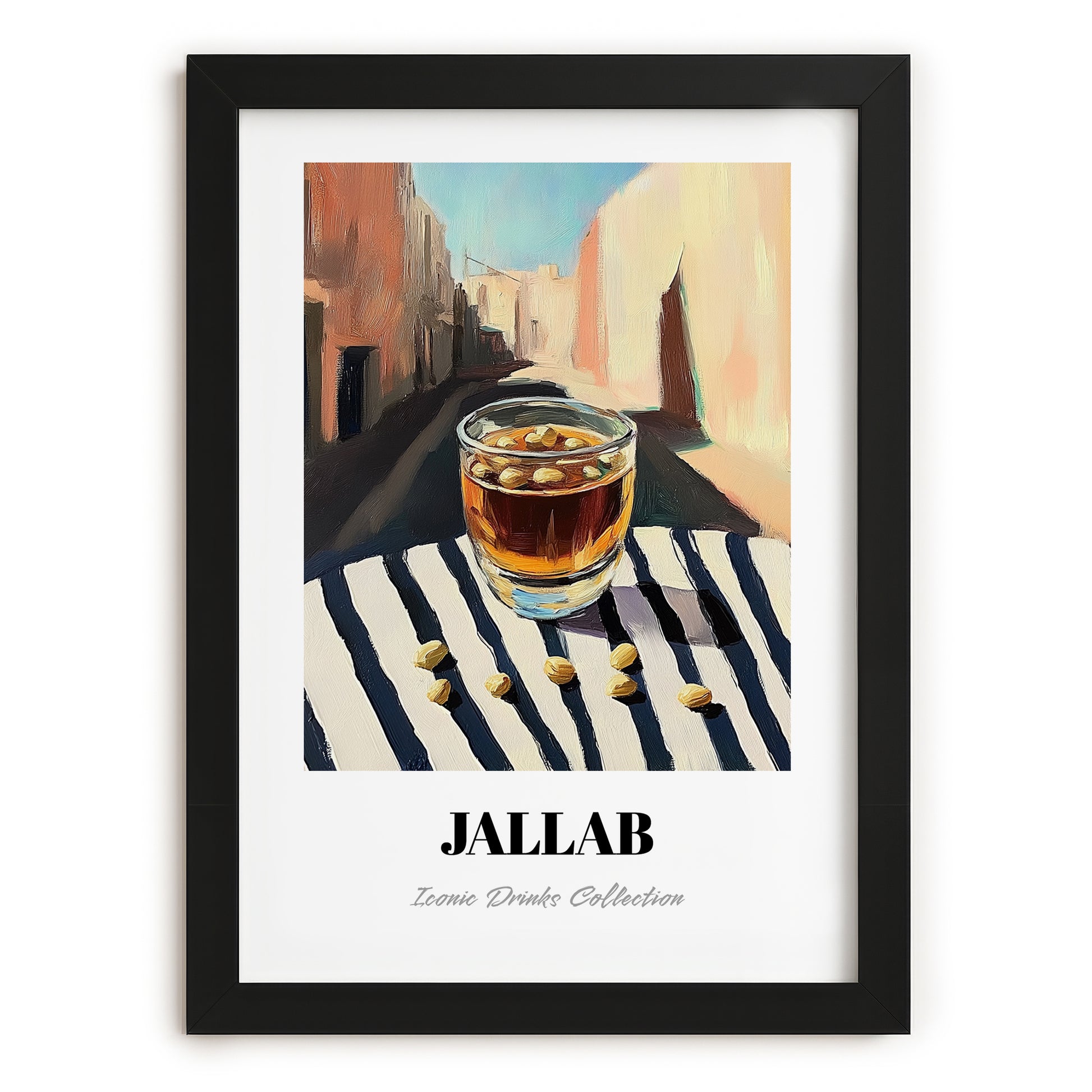 Jallab – Syrian Street Café Scene, Syrian Beverage Wall Decor, in sleek black frame